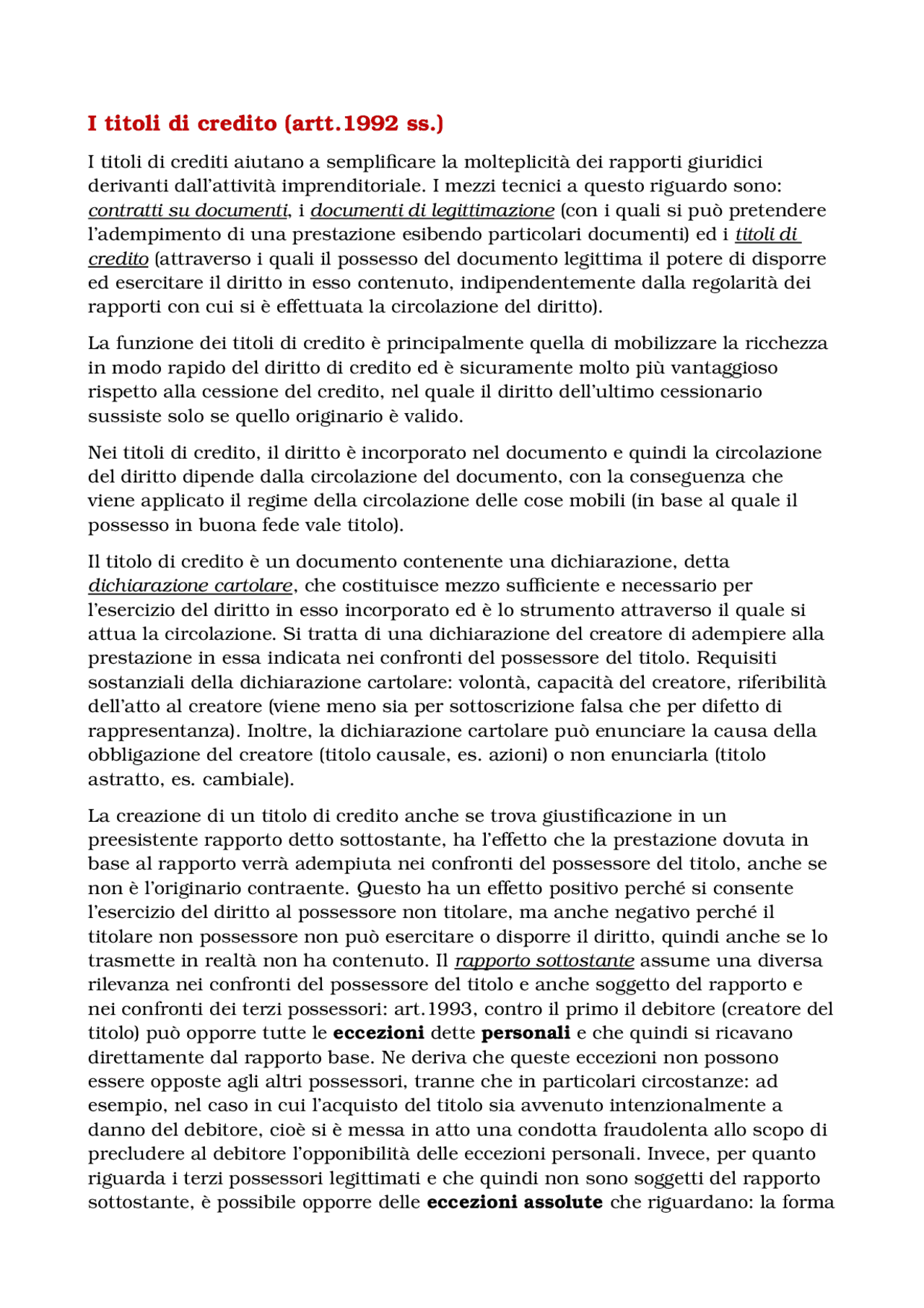 Riassunto Titoli di credito ( Diritto