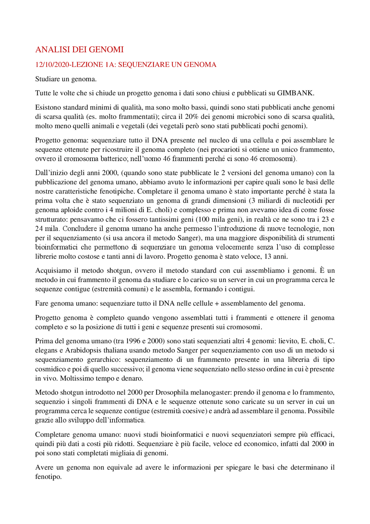 Riassunto completo analisi dei genomi - Docsity