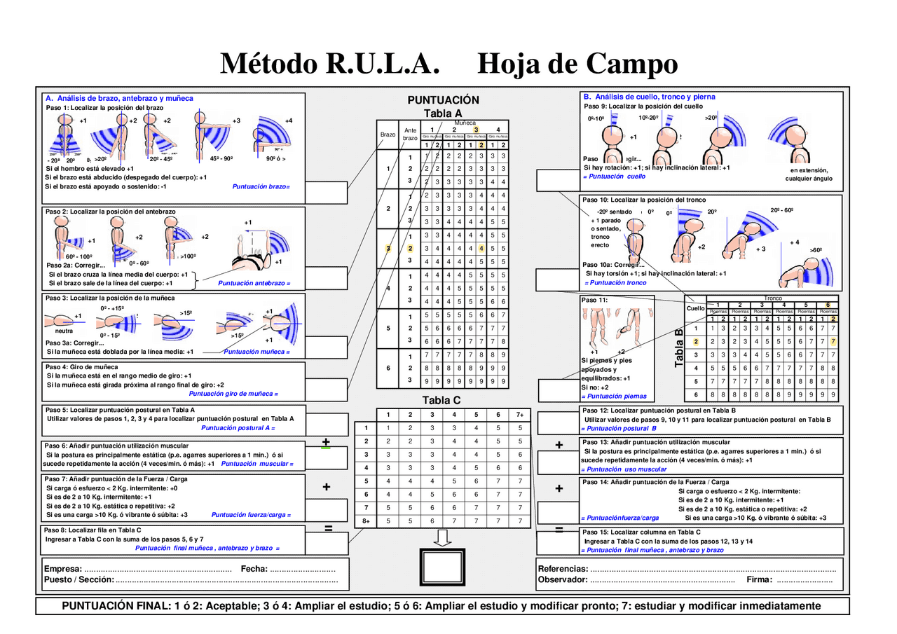 Hoja de campo metodo rula | Esquemas y mapas conceptuales de Ergonomía ...