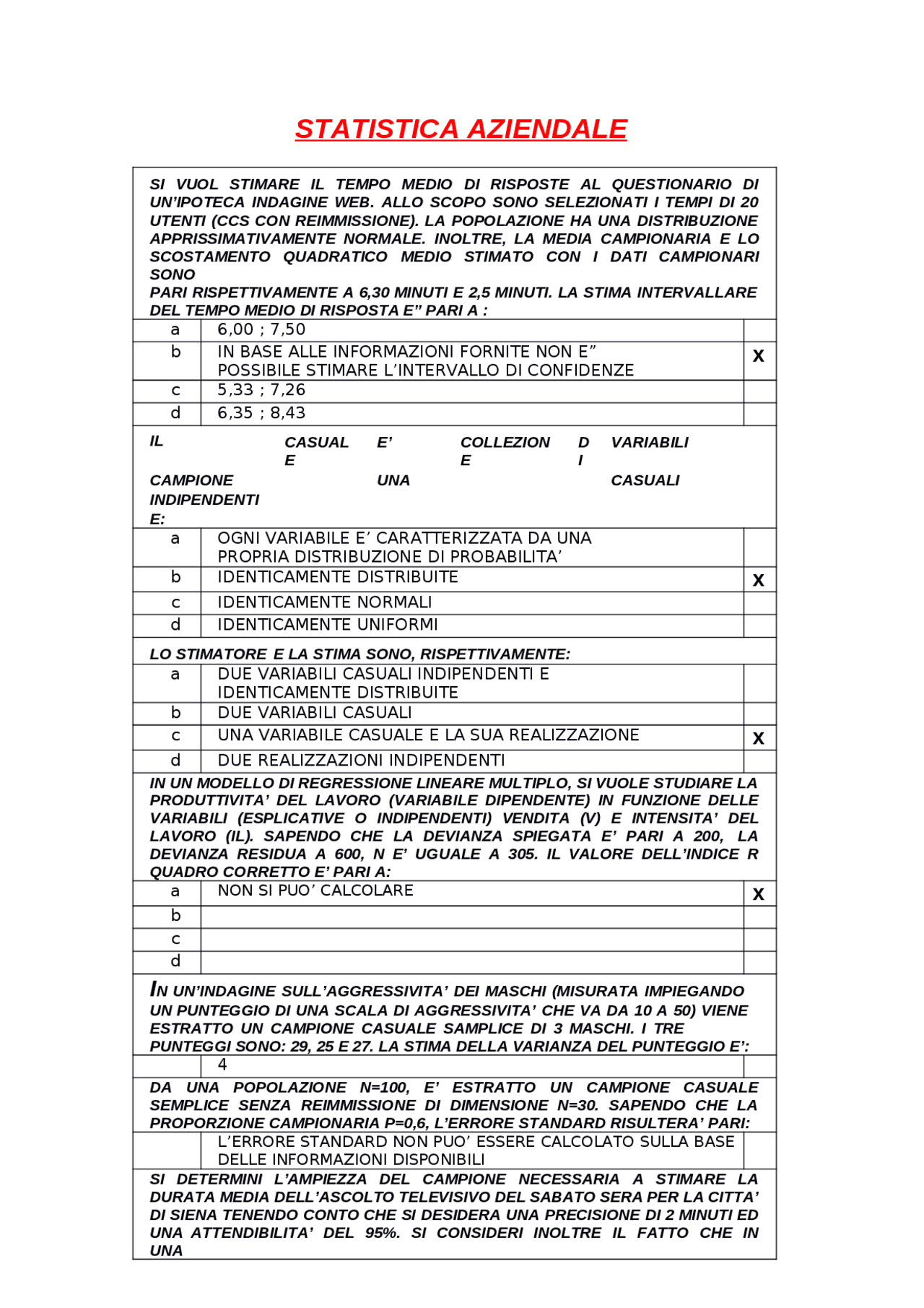 Statistica aziendale Management LM-77 Mercatorum - Docsity