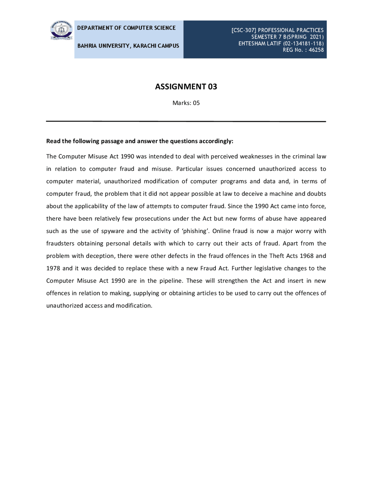 Assignment 03 for Professional Practices - Docsity