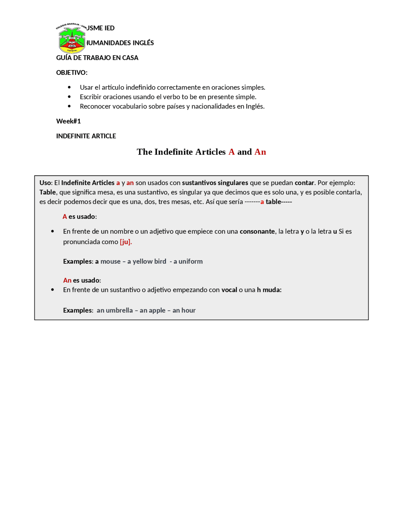 Taller de ingles grado sexto | Apuntes de Inglés | Docsity