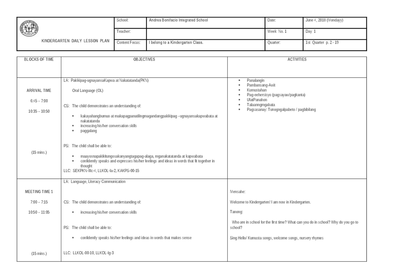 Kindergarten Daily Lesson Log for week 1 SY:2019 - Docsity