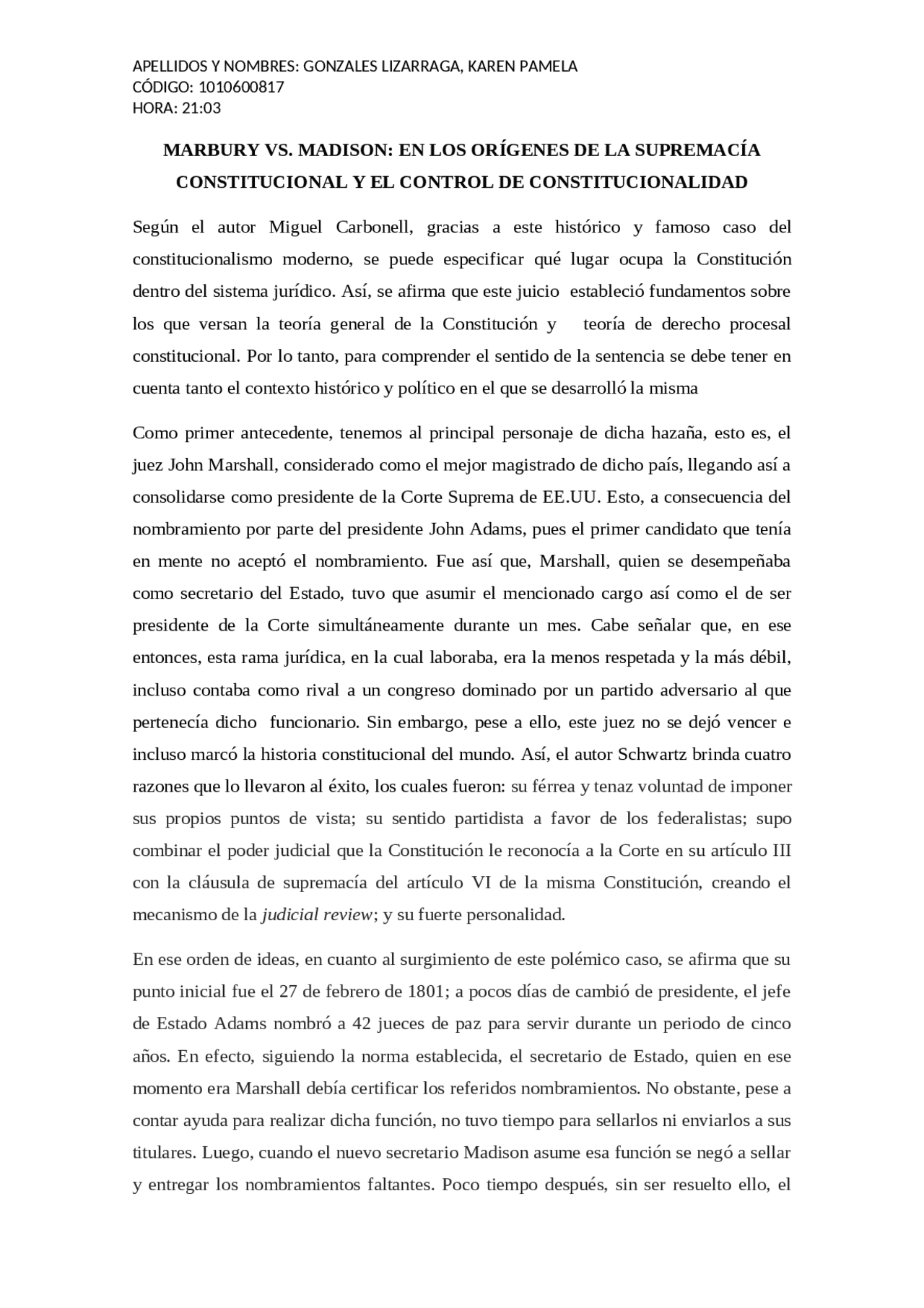 Marbury vs. Madison en los orígenes de la supremacía constitucional y ...