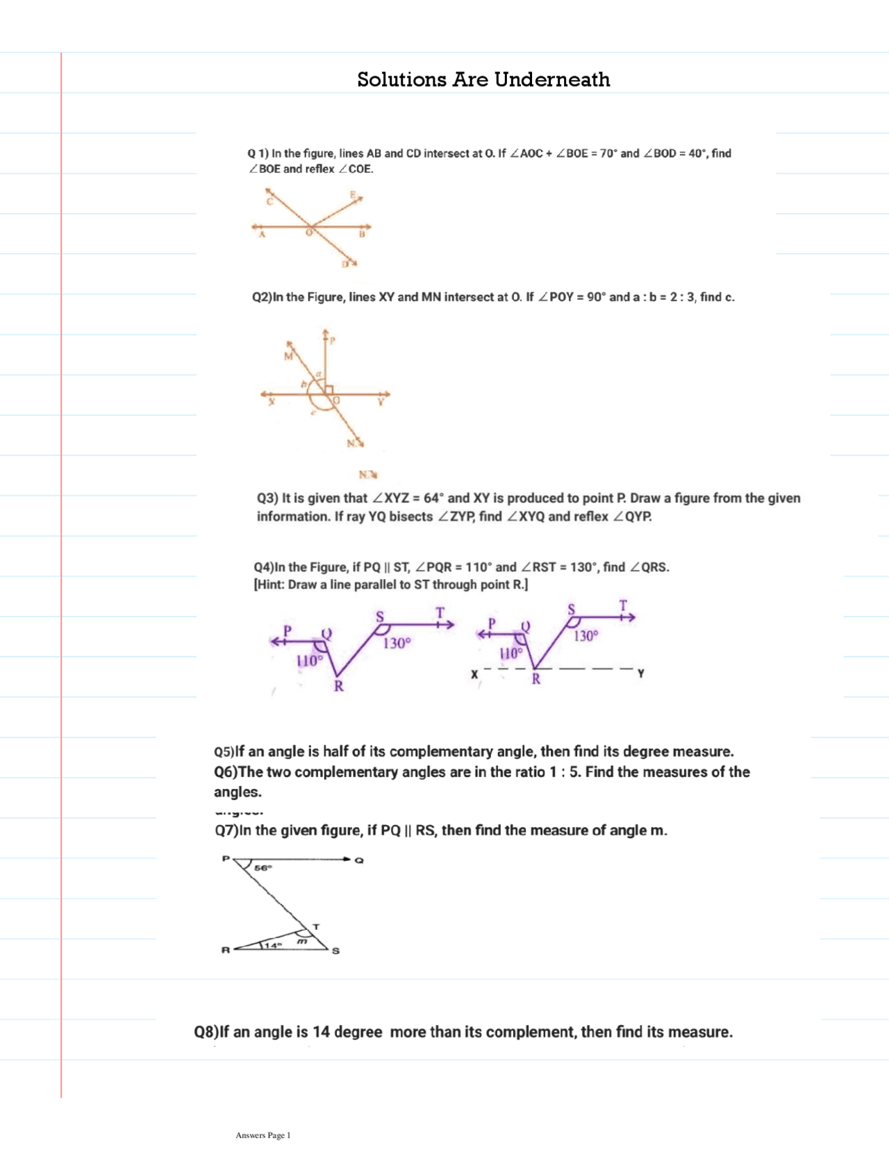 Solutions of Lines And Angles Assignment Class 9 Assignments