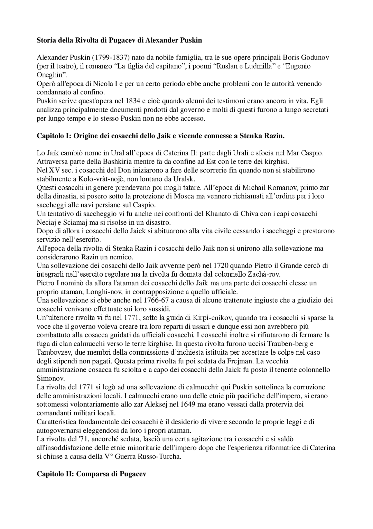 Storia della rivolta di Pugačëv (Aleksandr Puškin) Sintesi del corso