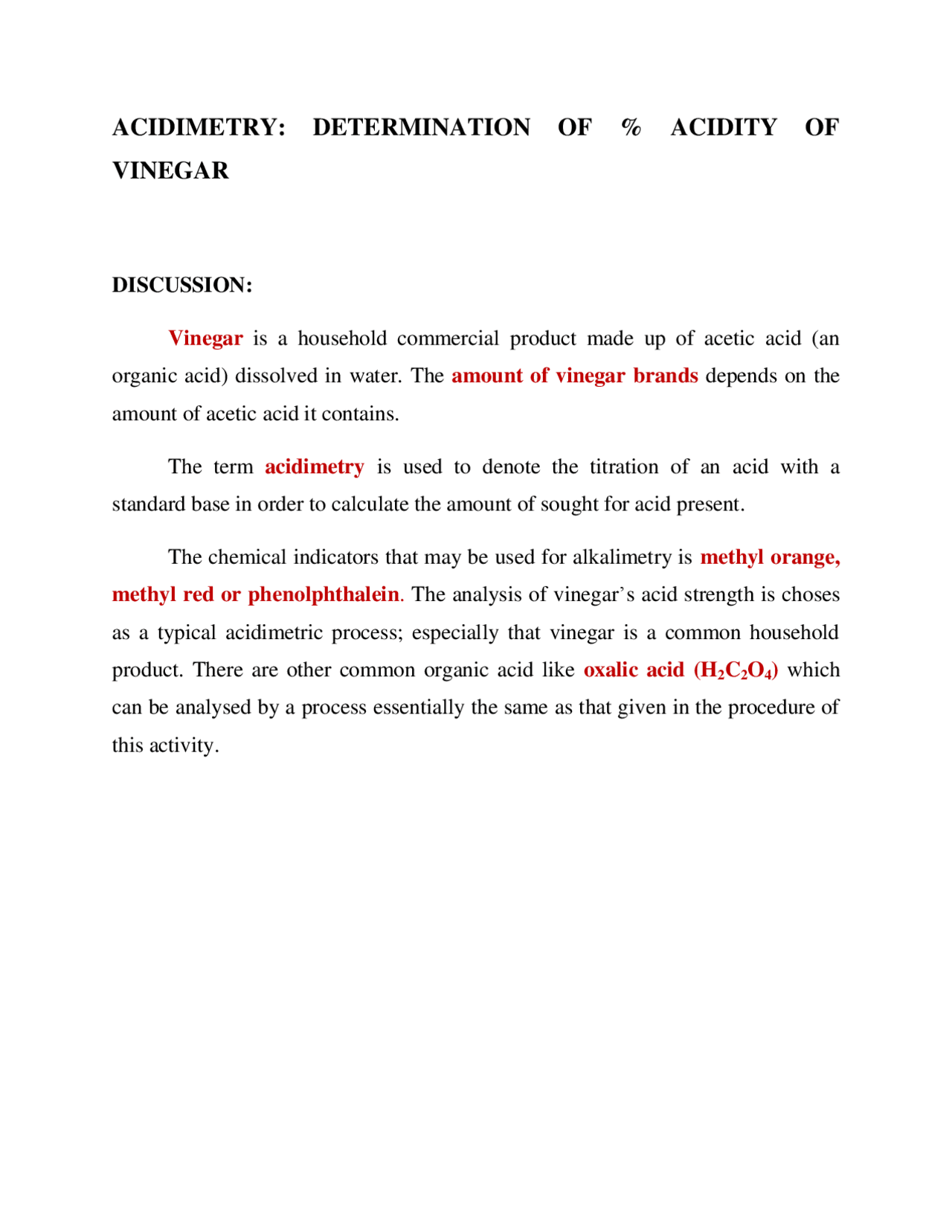 ACIDIMETRYDETERMINATIONOFPERCENTAGEACIDITYOFVINEGAR Docsity