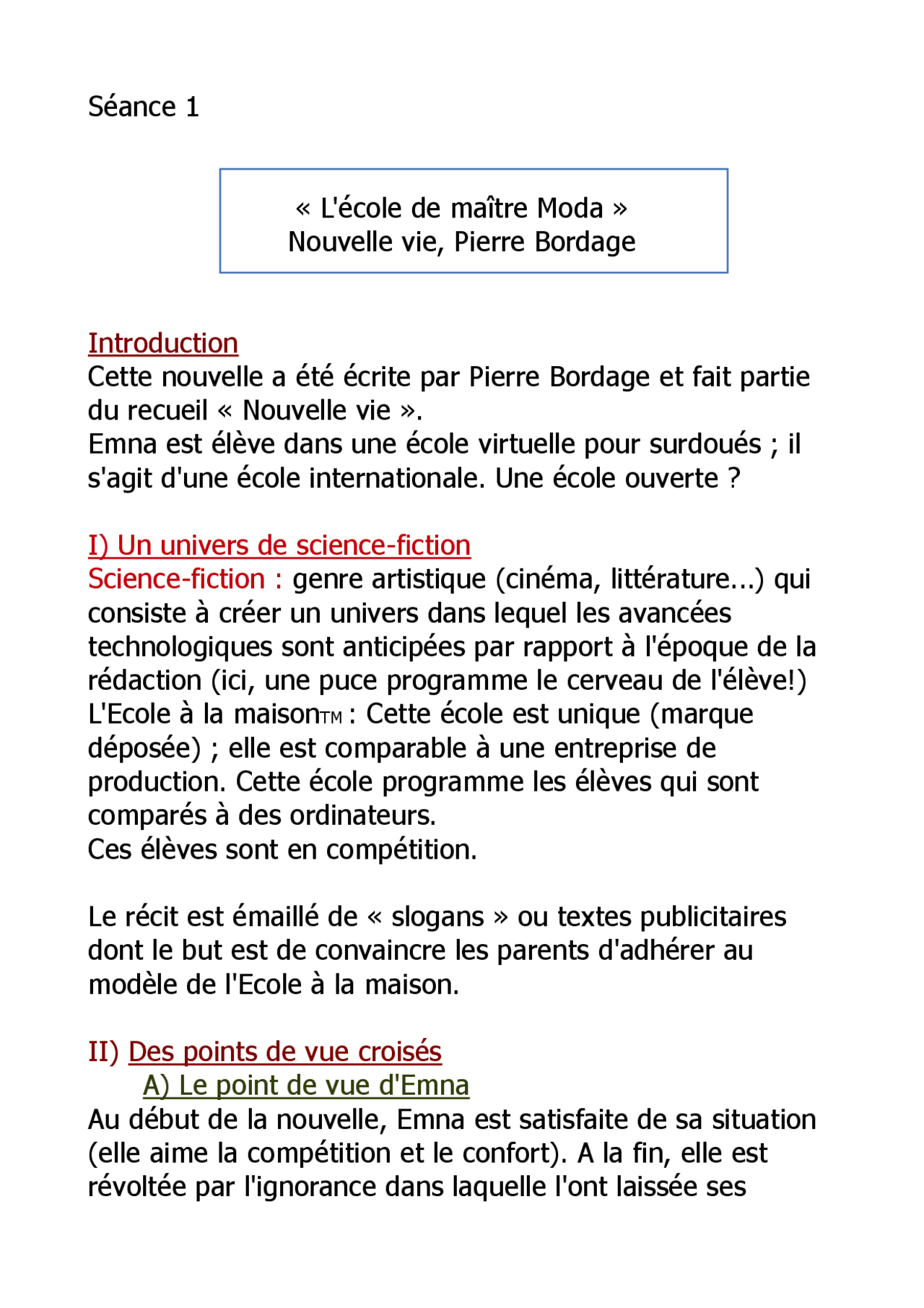 Bordage, «L'école de maître Moda», Nouvelle vie Docsity