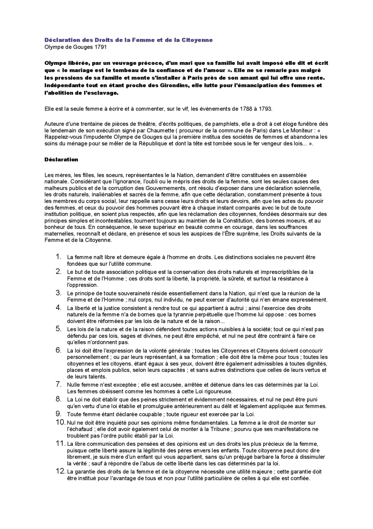 Dissertation Olympe De Gouges Olympe de Gouges, Déclaration des Droits de la Femme et de la Citoyenne |  Lectures Droit | Docsity
