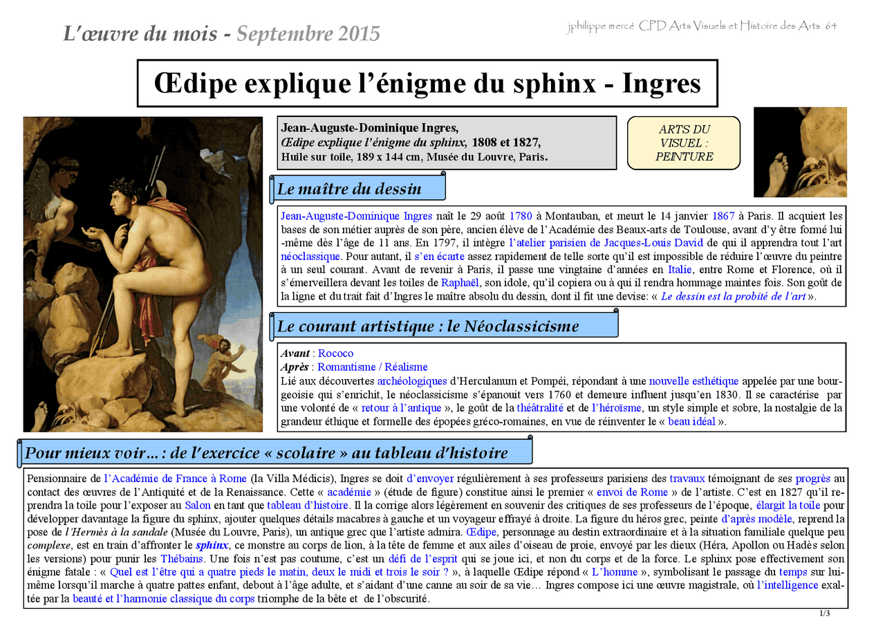 Ingres, Oedipe explique l’énigme du sphinx Docsity