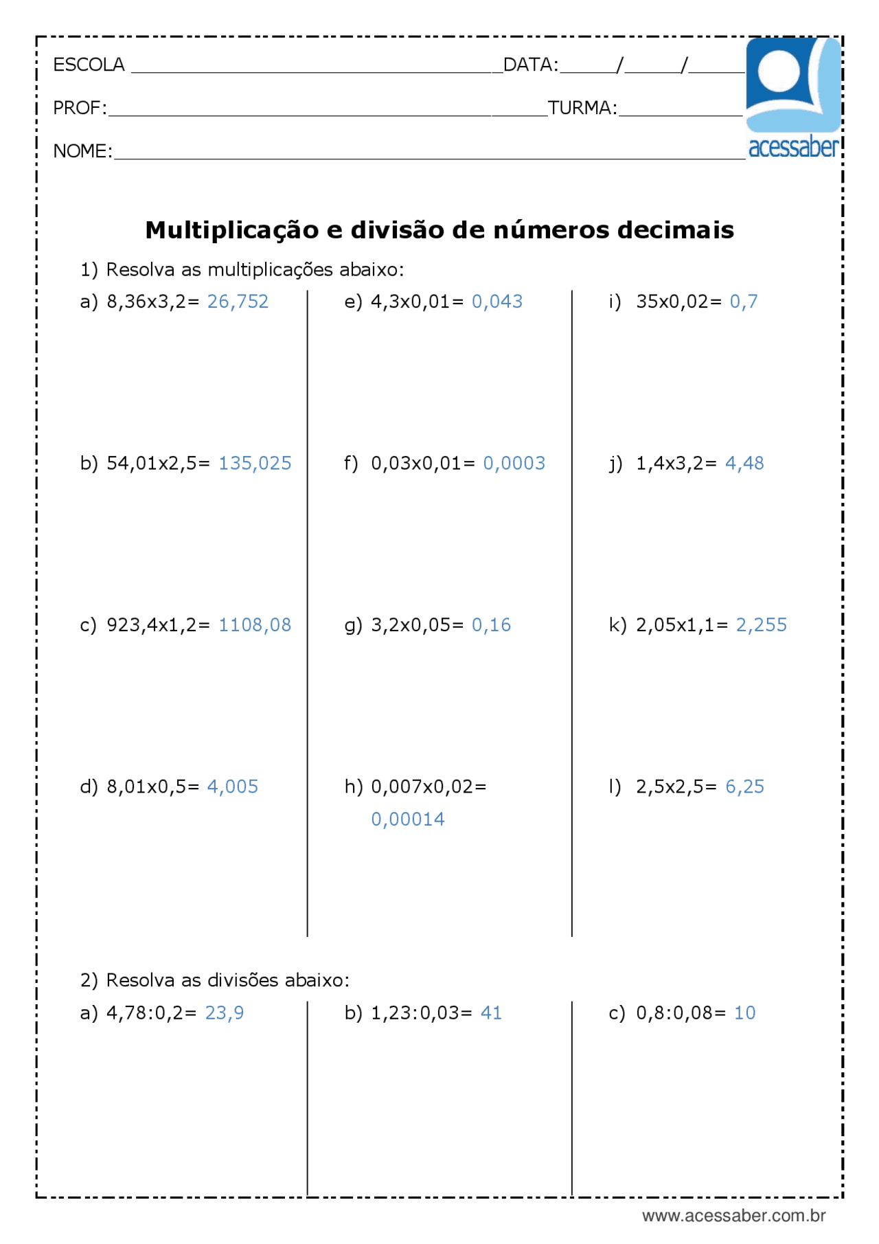 Operações Com Numeros Decimais Exercicios - NAZAEDU