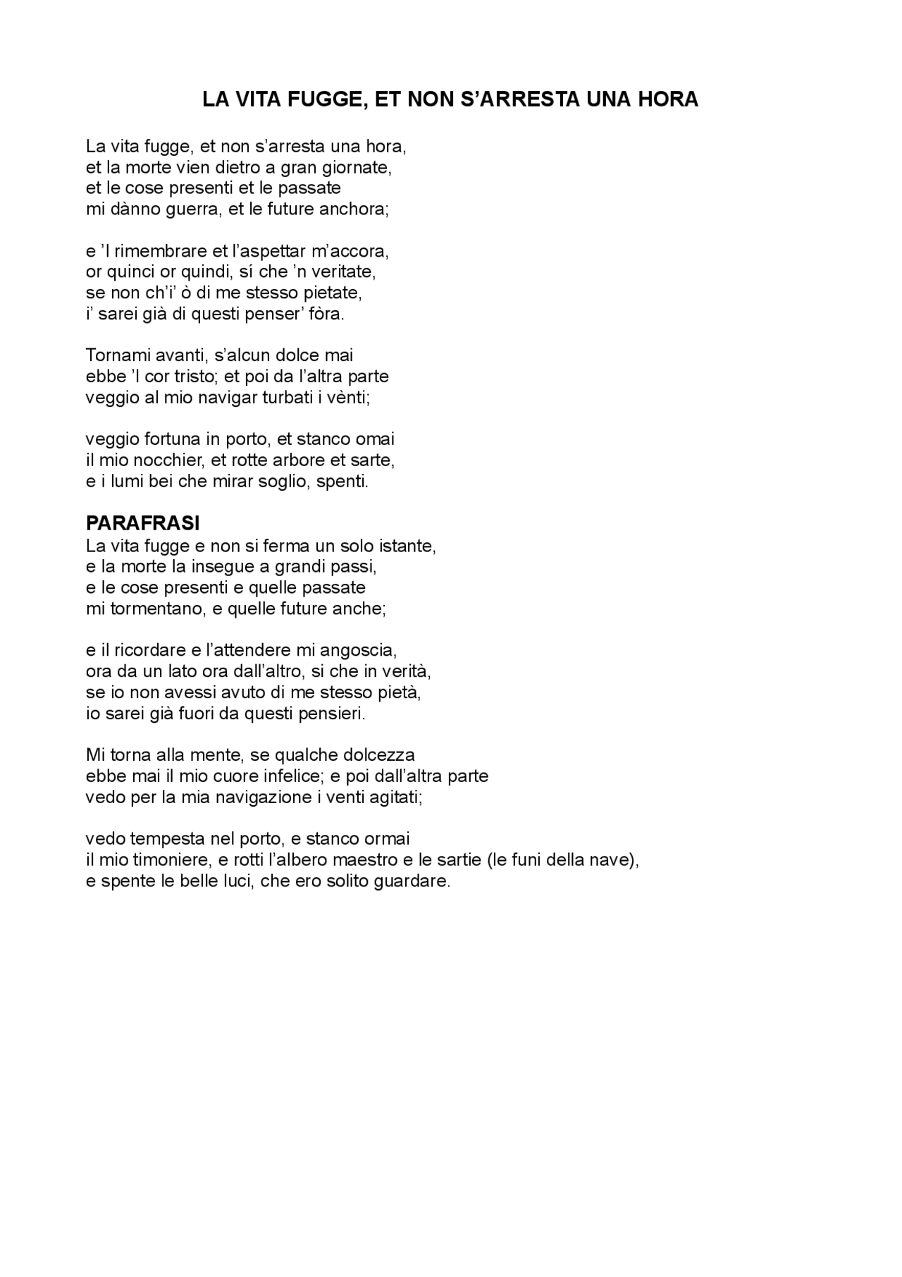 la vita fugge e non s'arresta un'ora parafrasi