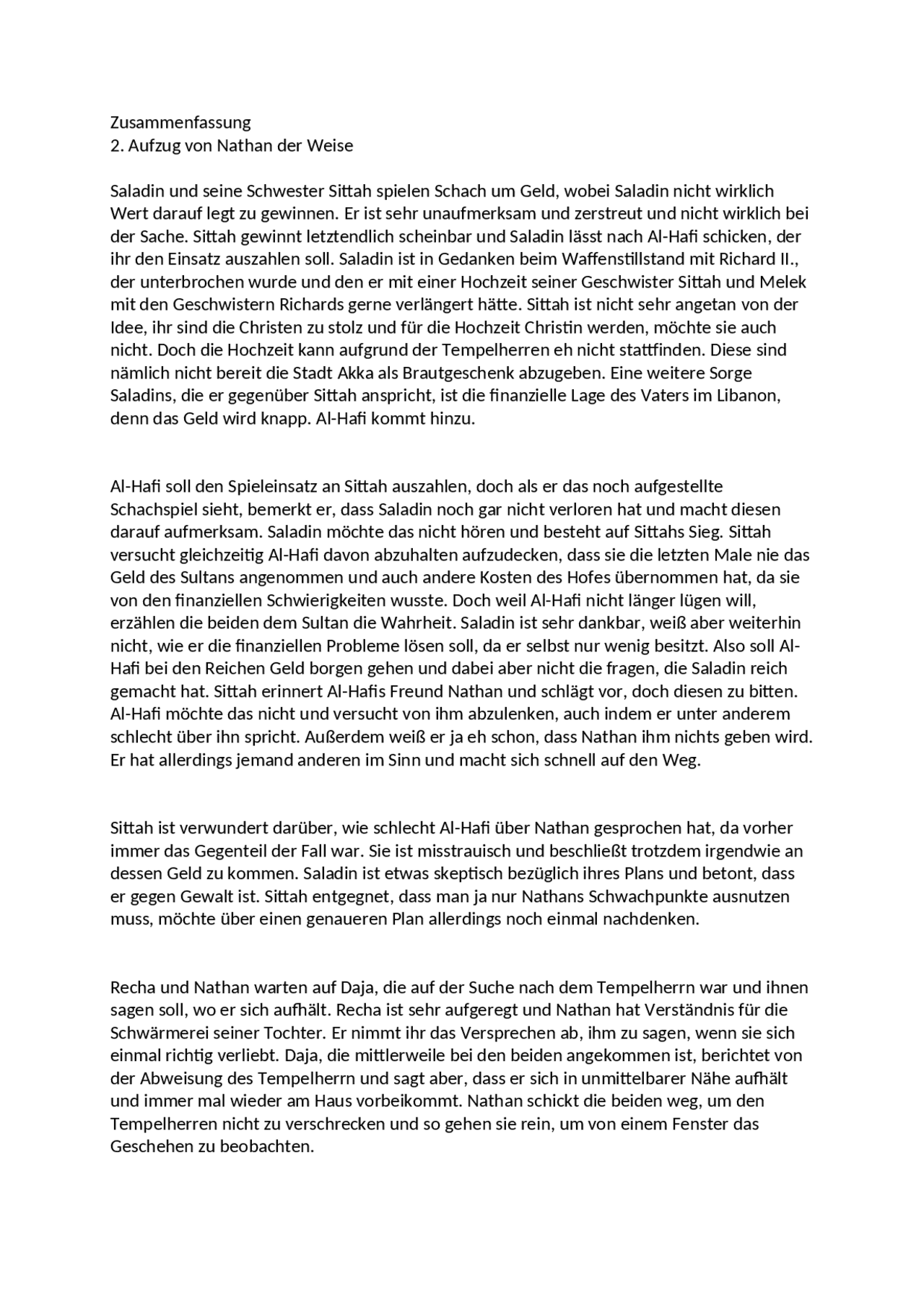 Nathan Der Weise Zusammenfassung 2 Aufzug
