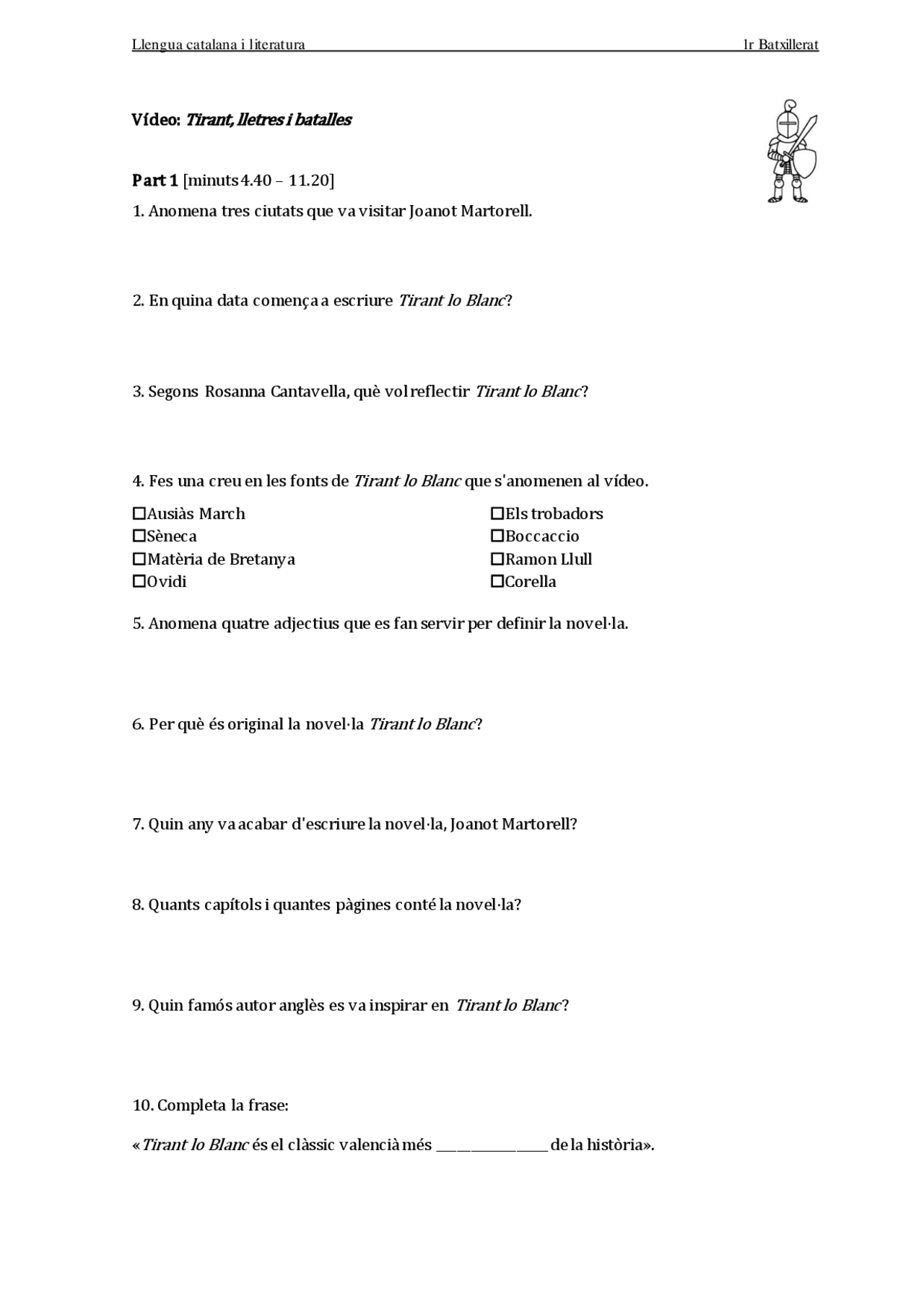 Catalan Philology. Tirant lo Blanch exercises. High School. - Docsity