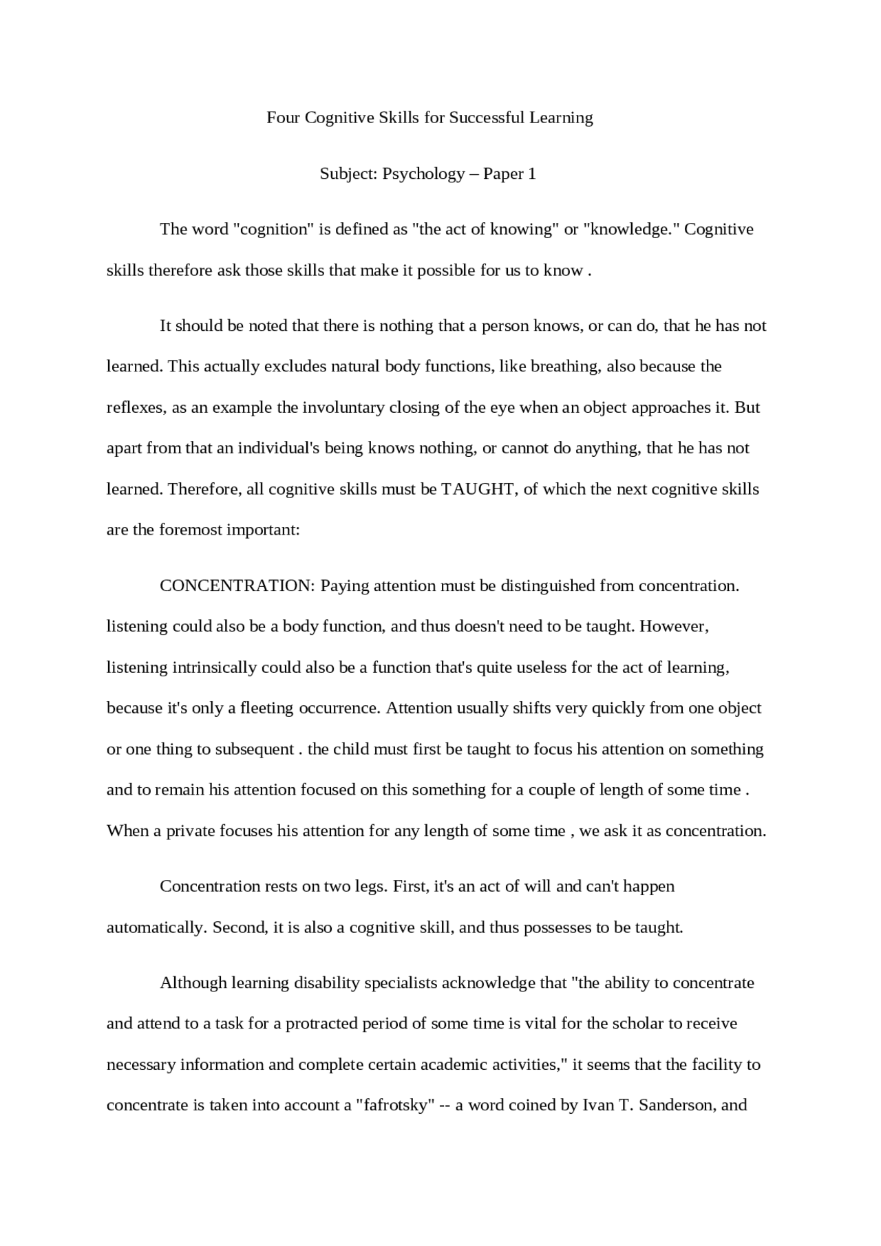 Four Cognitive Skills for Successful Learning - Docsity
