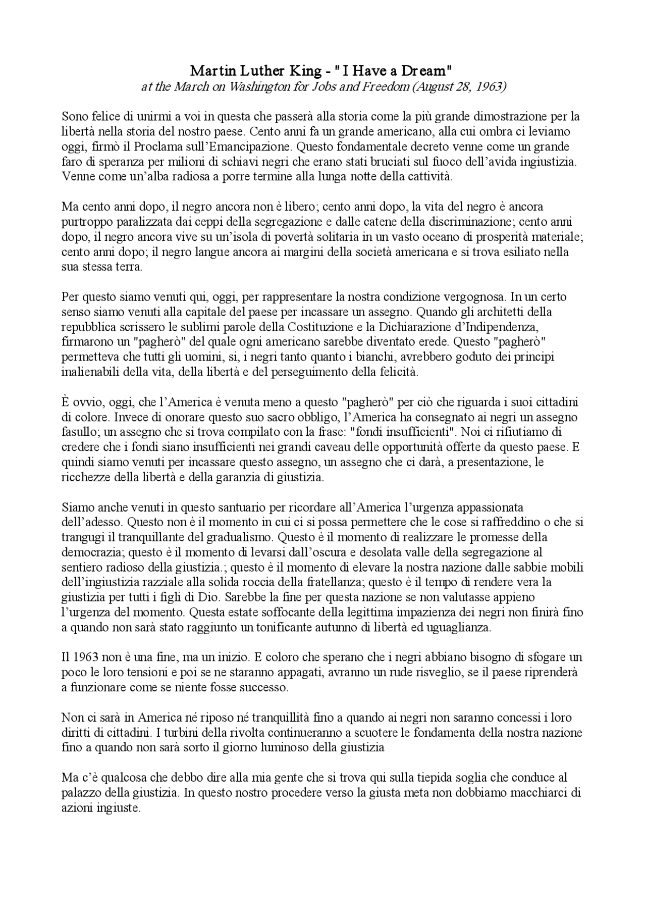 I have a dream, discorso di M.L. KING originale con traduzione Docsity