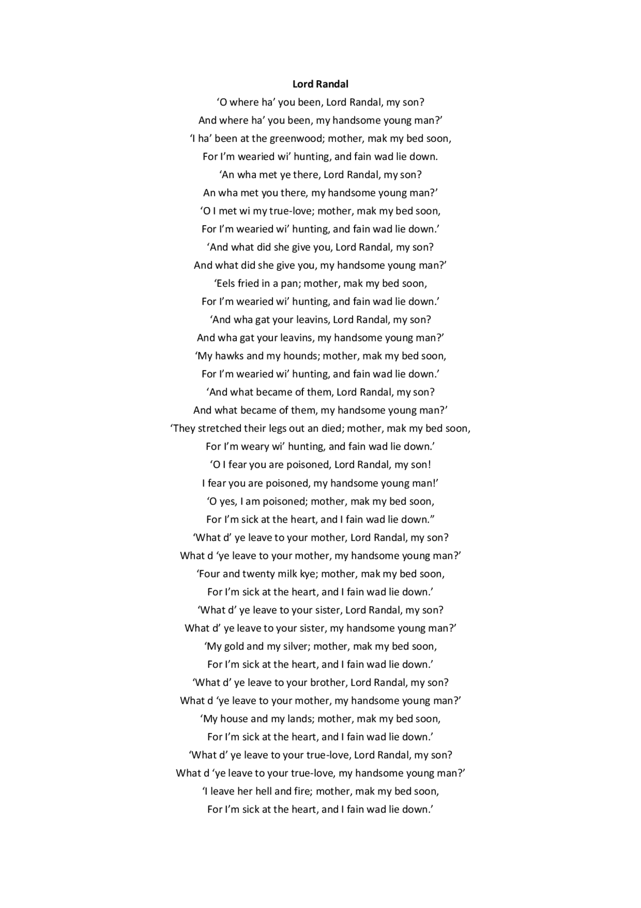 English Randel Lord Randal (text for English Literature) - Docsity