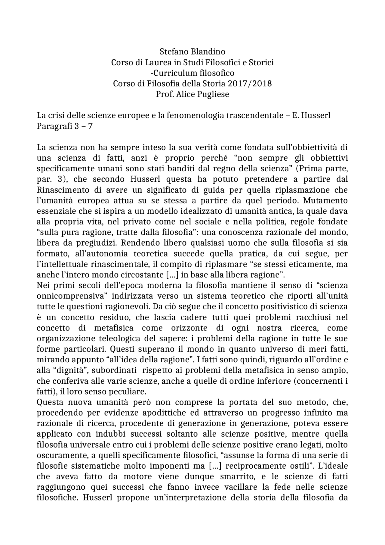 La crisi delle scienze europee e la fenomenologia trascendentale E