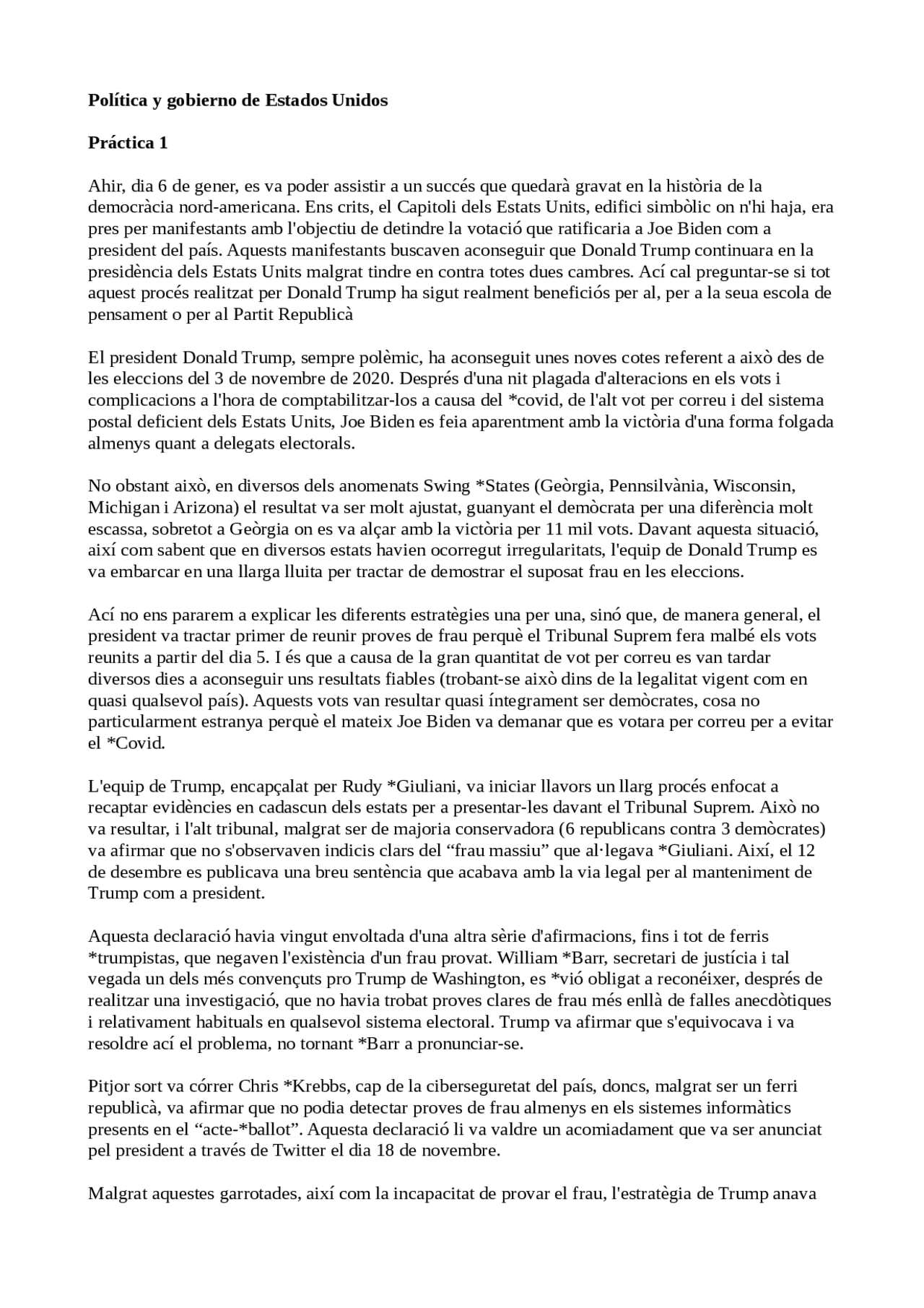Política y gobierno de Estados Unidos - Práctica 1 - Docsity