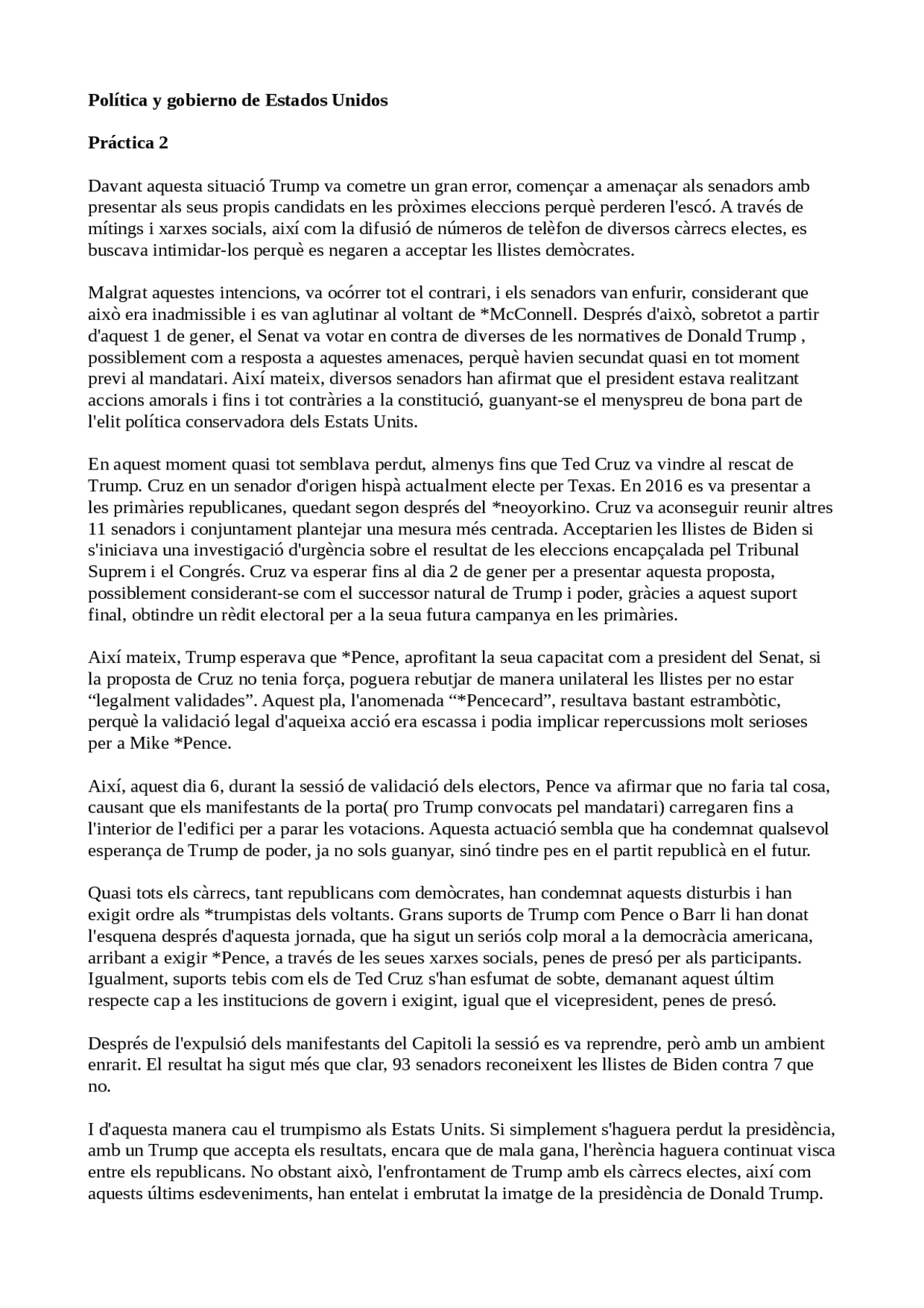 Política y gobierno de Estados Unidos - Práctica 2 - Docsity