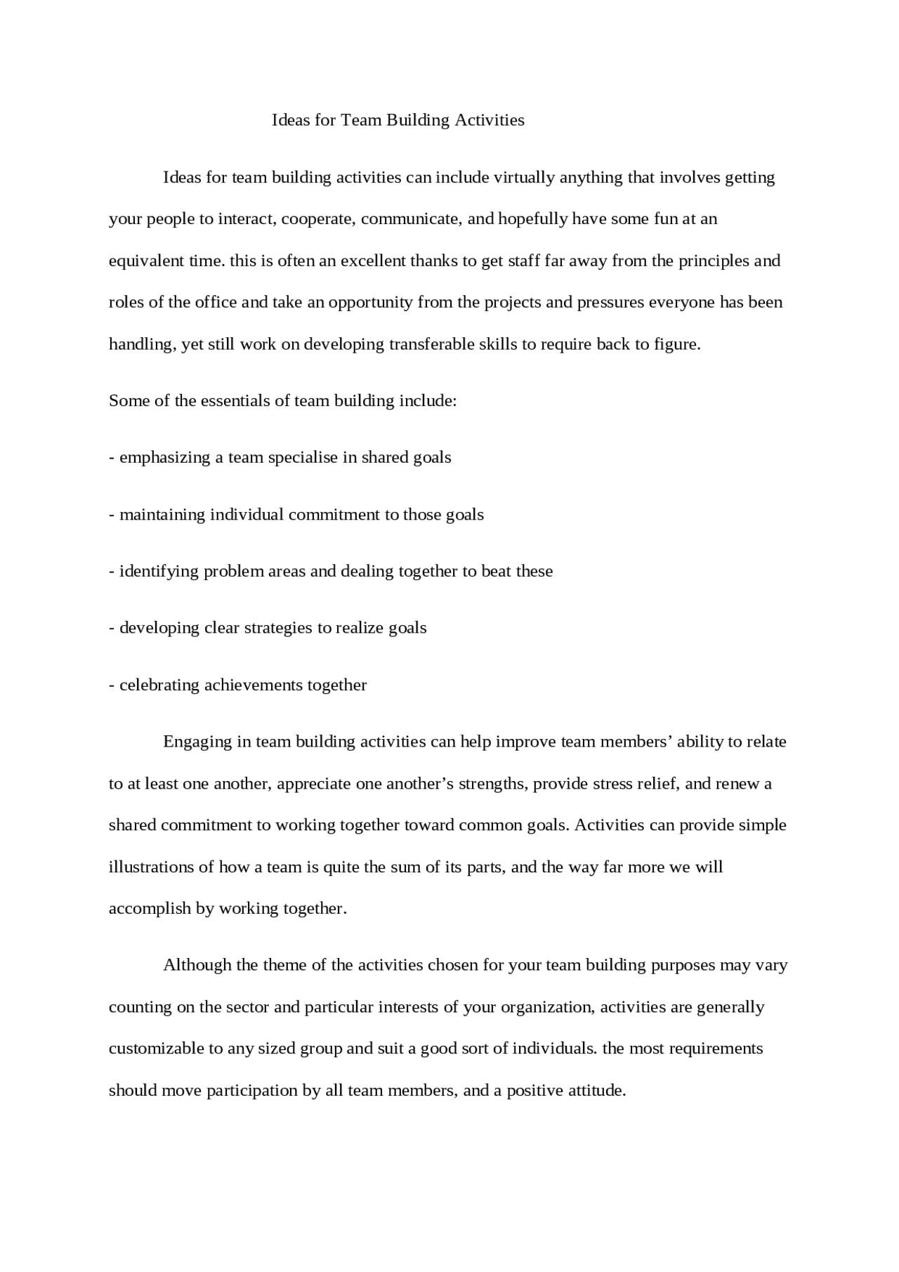 Ideas for Team Building Activities | Essays (university) Management  Fundamentals | Docsity