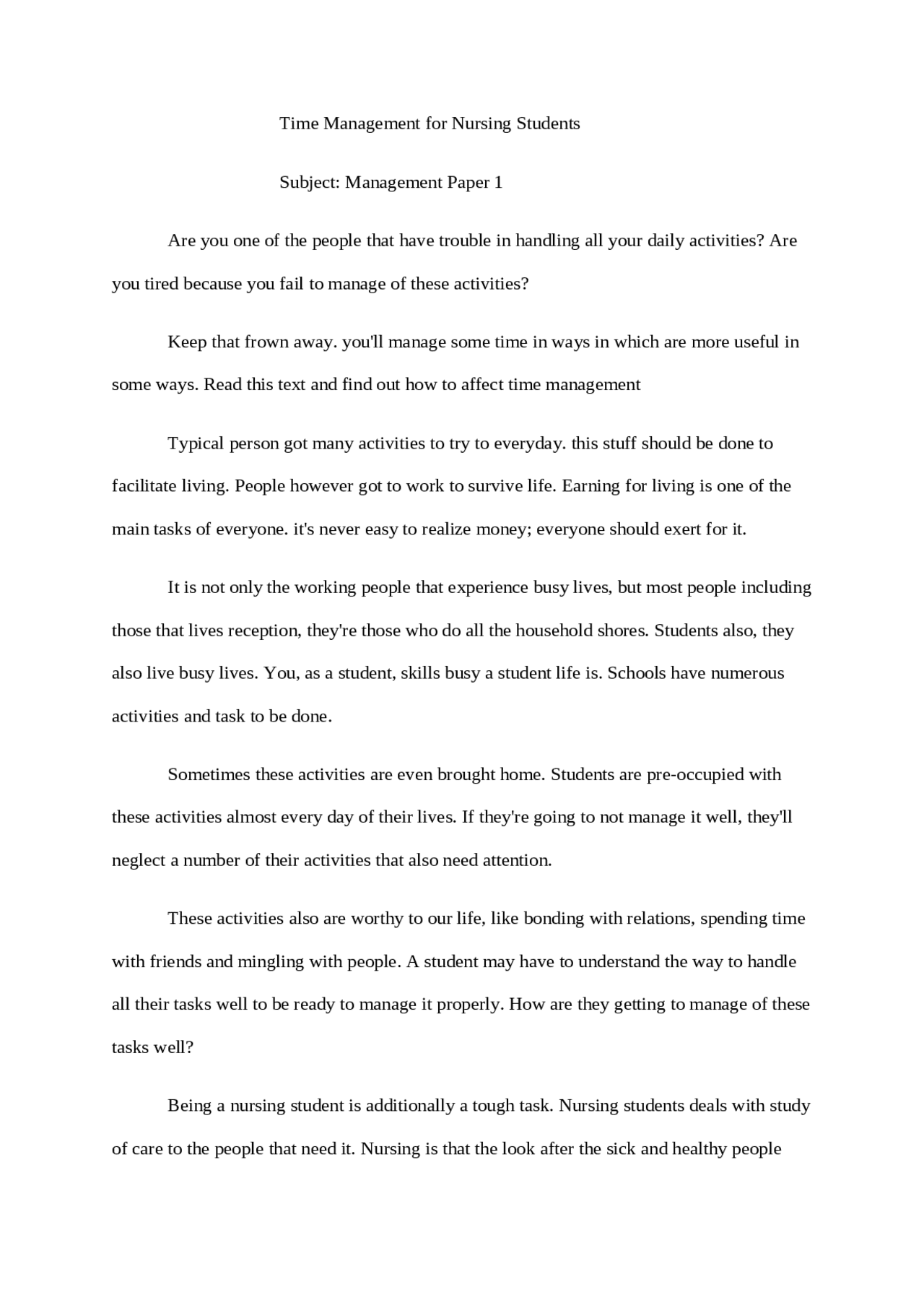 Time Management Strategies for Nursing Students | Essays (university ...