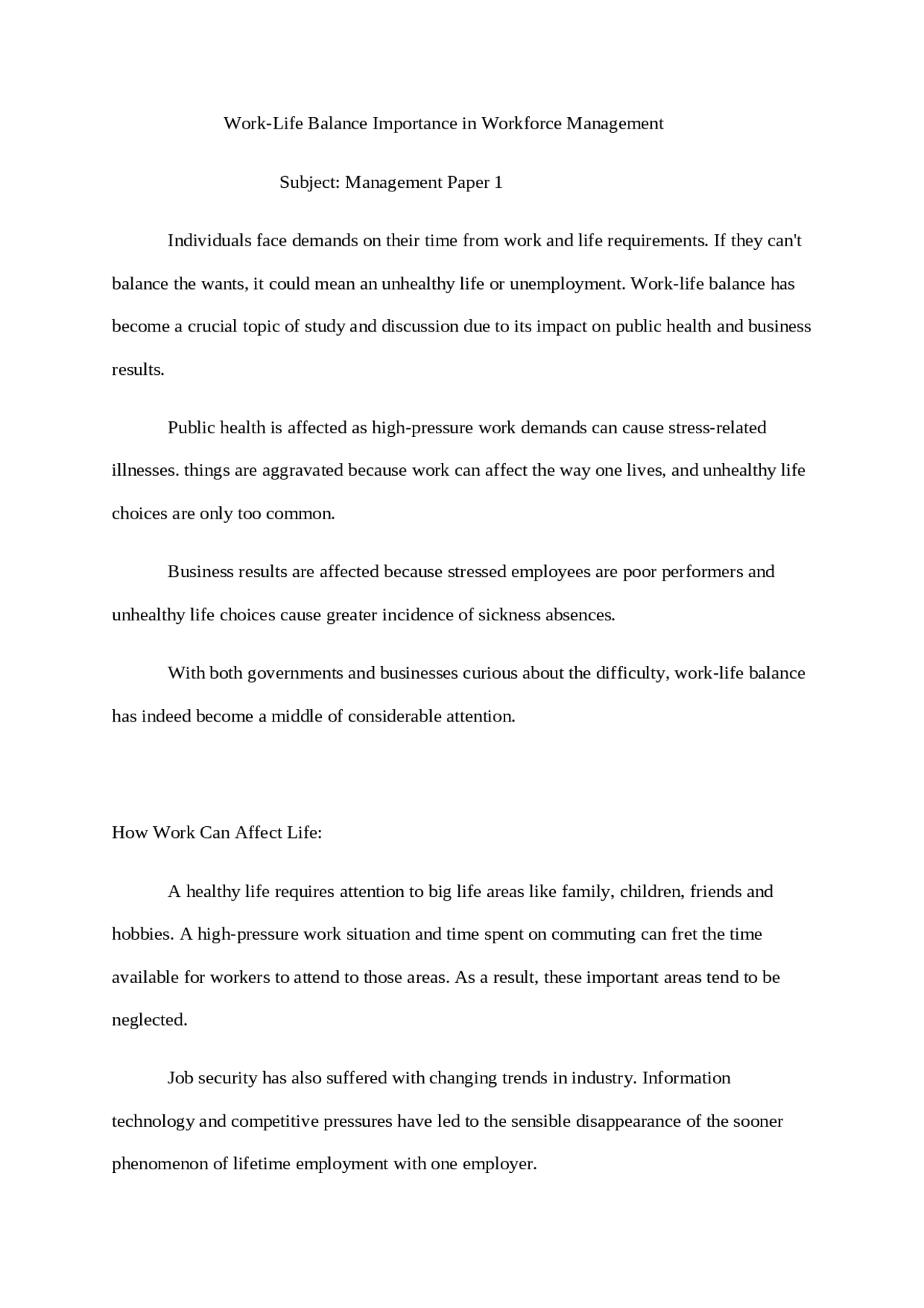 Work-Life Balance in Workforce Management - Docsity