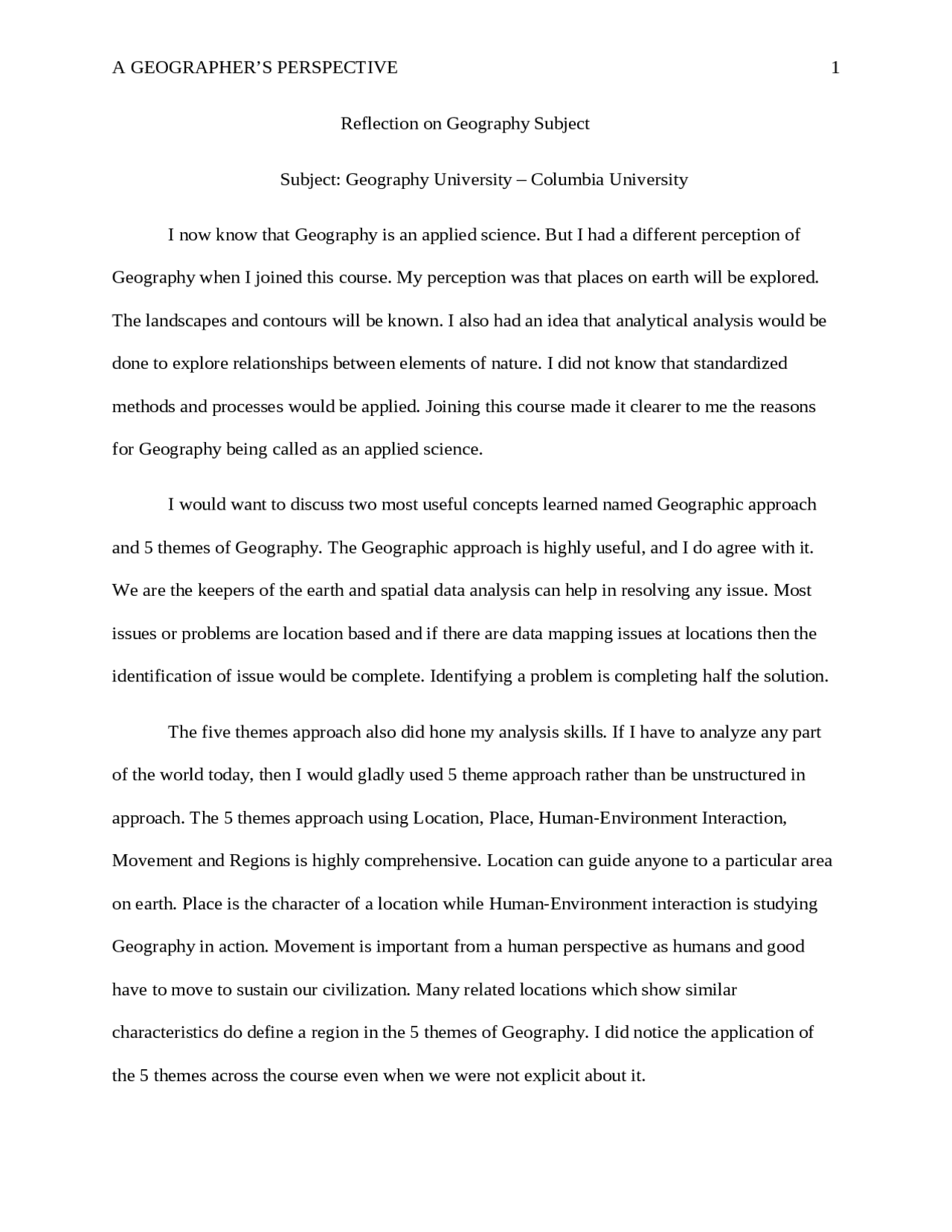 Reflection on Geography Subject - Docsity