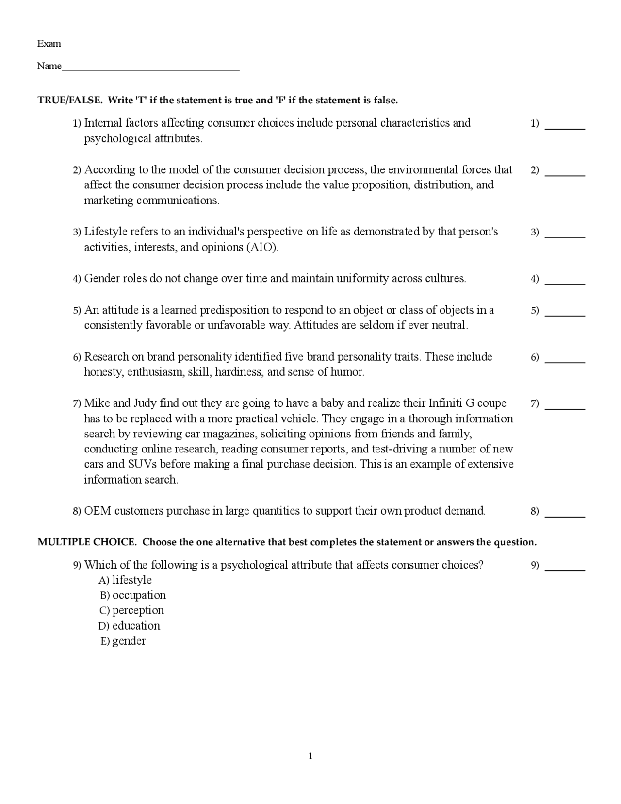 Consumer Behavior Exam: True/False and Multiple Choice Questions ...