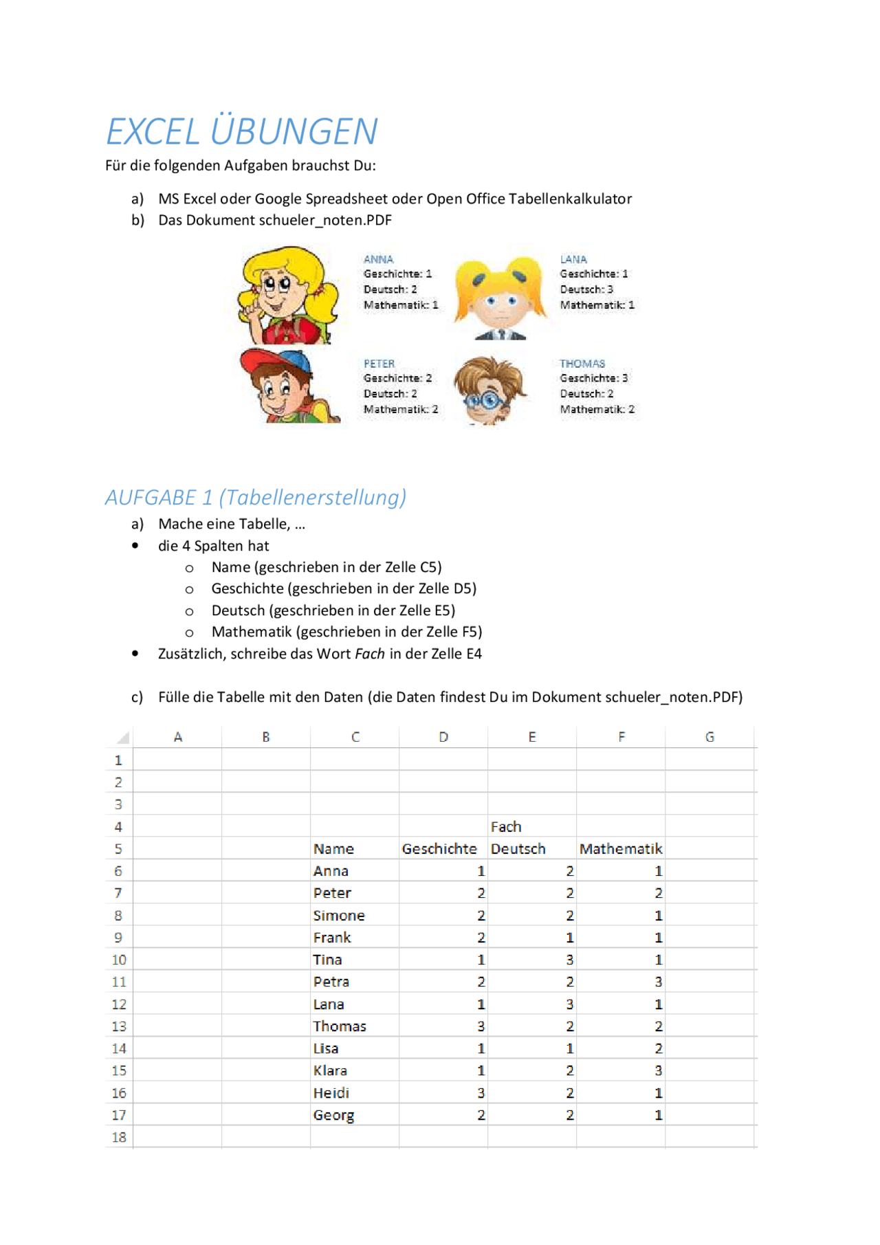 Excel übungsaufgaben Mit Lösungen