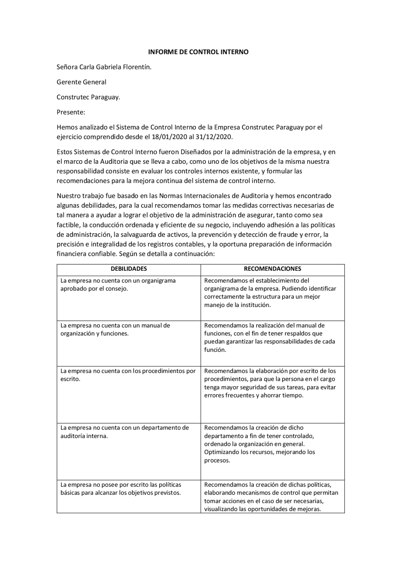 INFORME DE CONTROL INTERNO - Docsity
