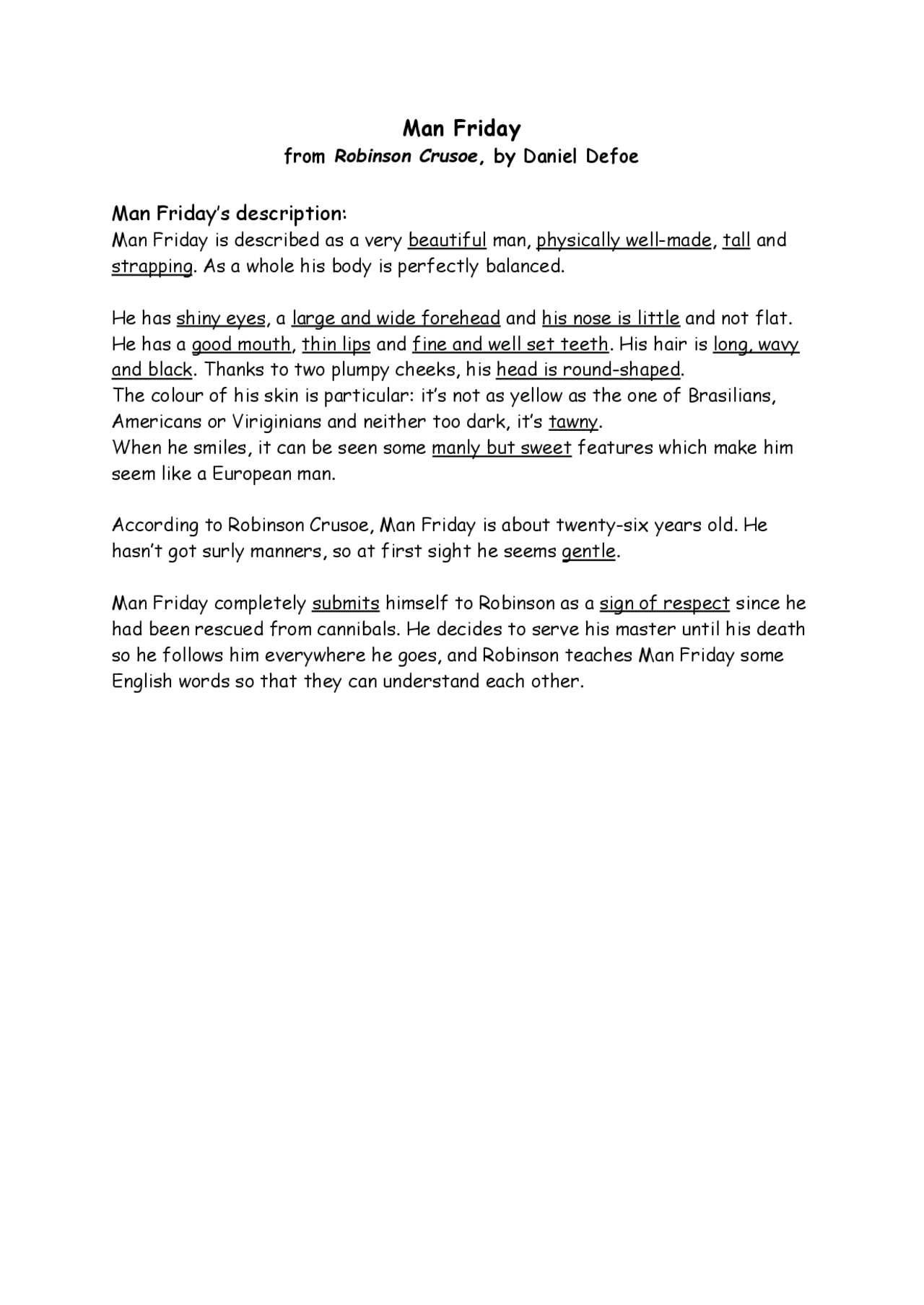 Man Friday's description | Appunti di Inglese | Docsity