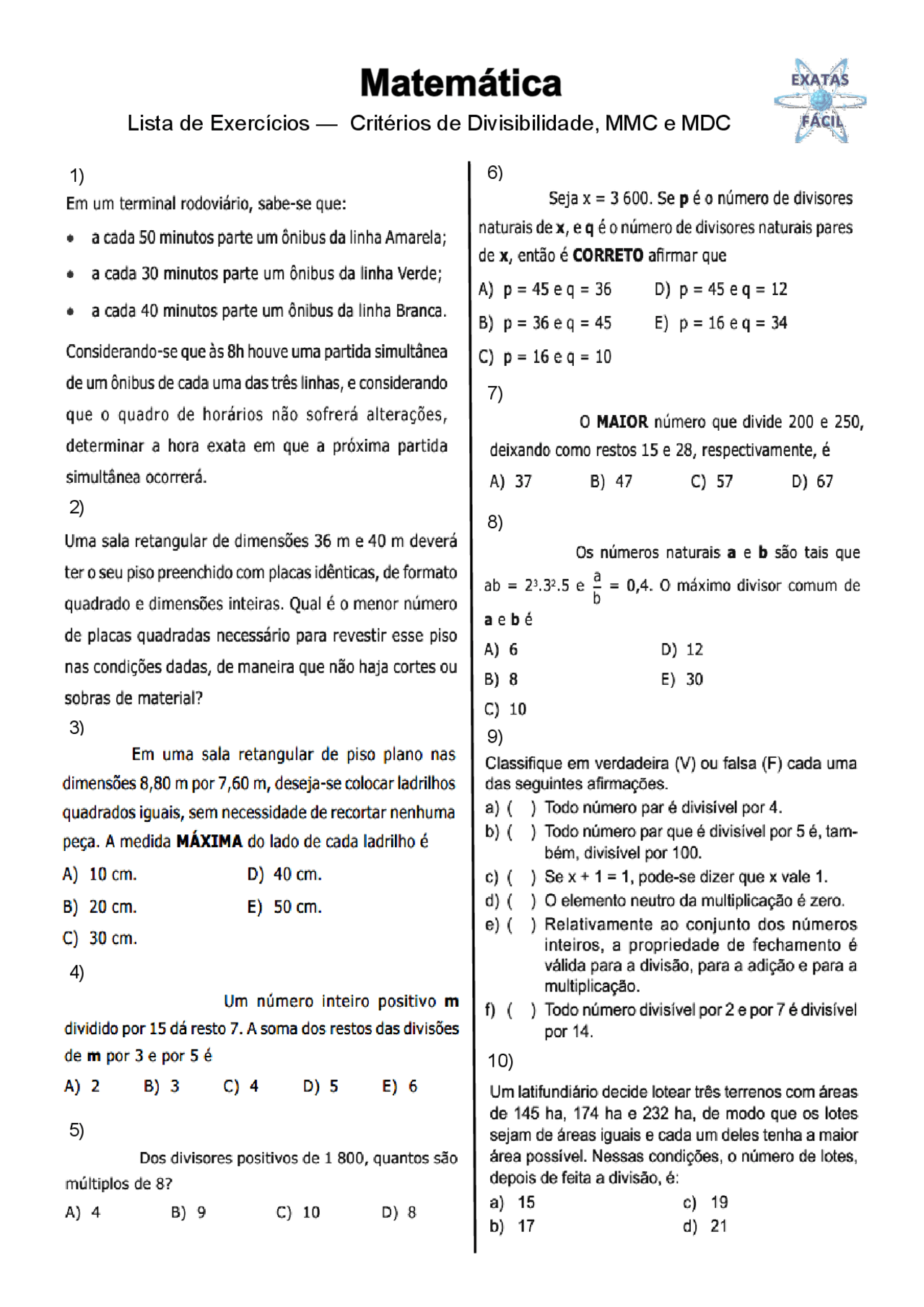 Lista de Exercícios sobre Divisibilidade, MMC e MDC | Exercícios ...