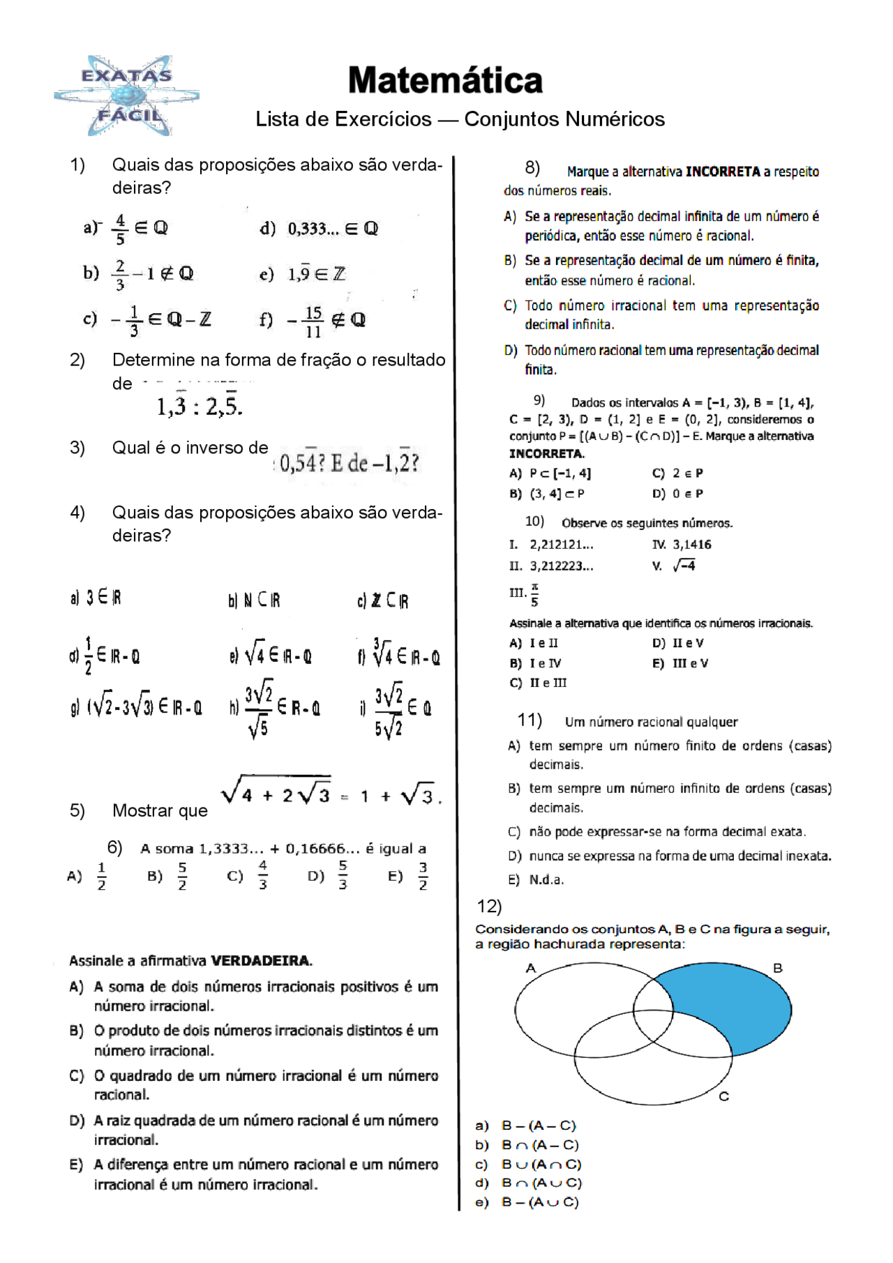 Lista de Exercícios - Conjuntos Numéricos | Exercícios Matemática | Docsity