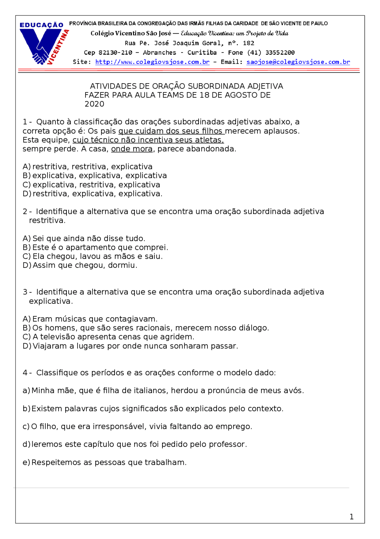 Atividades - Orações subordinadas Adjetivas - Docsity