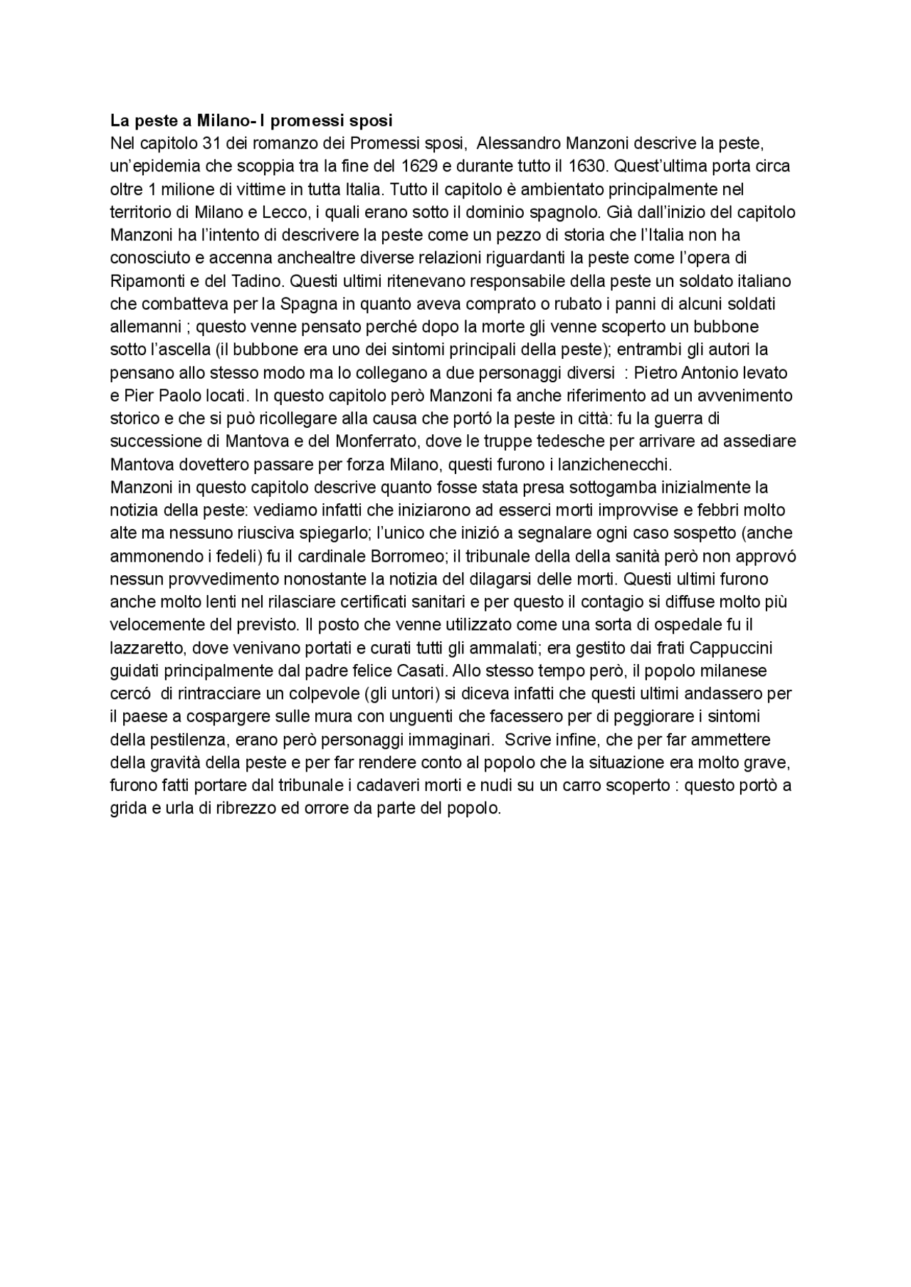 Riassunto capitolo la peste a milano Docsity
