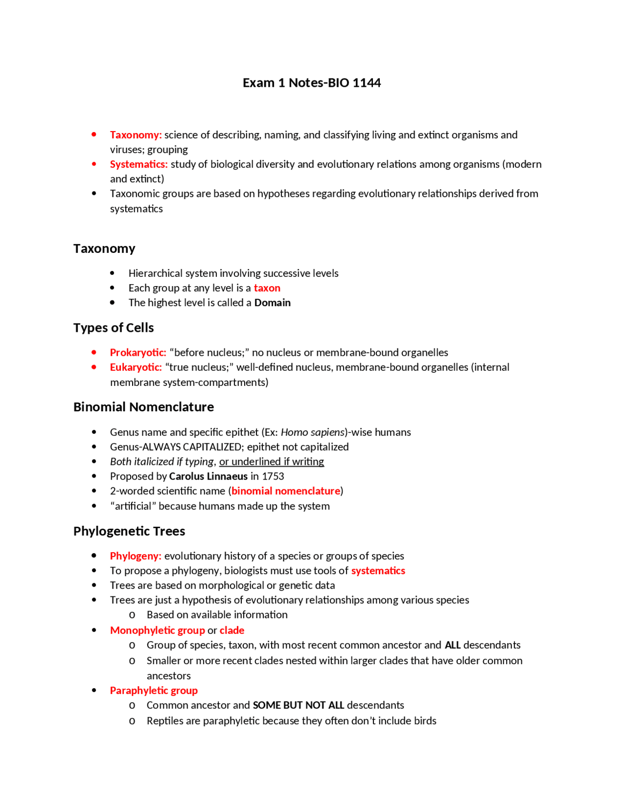 BIO 1144 Exam 1 Lecture notes - Docsity