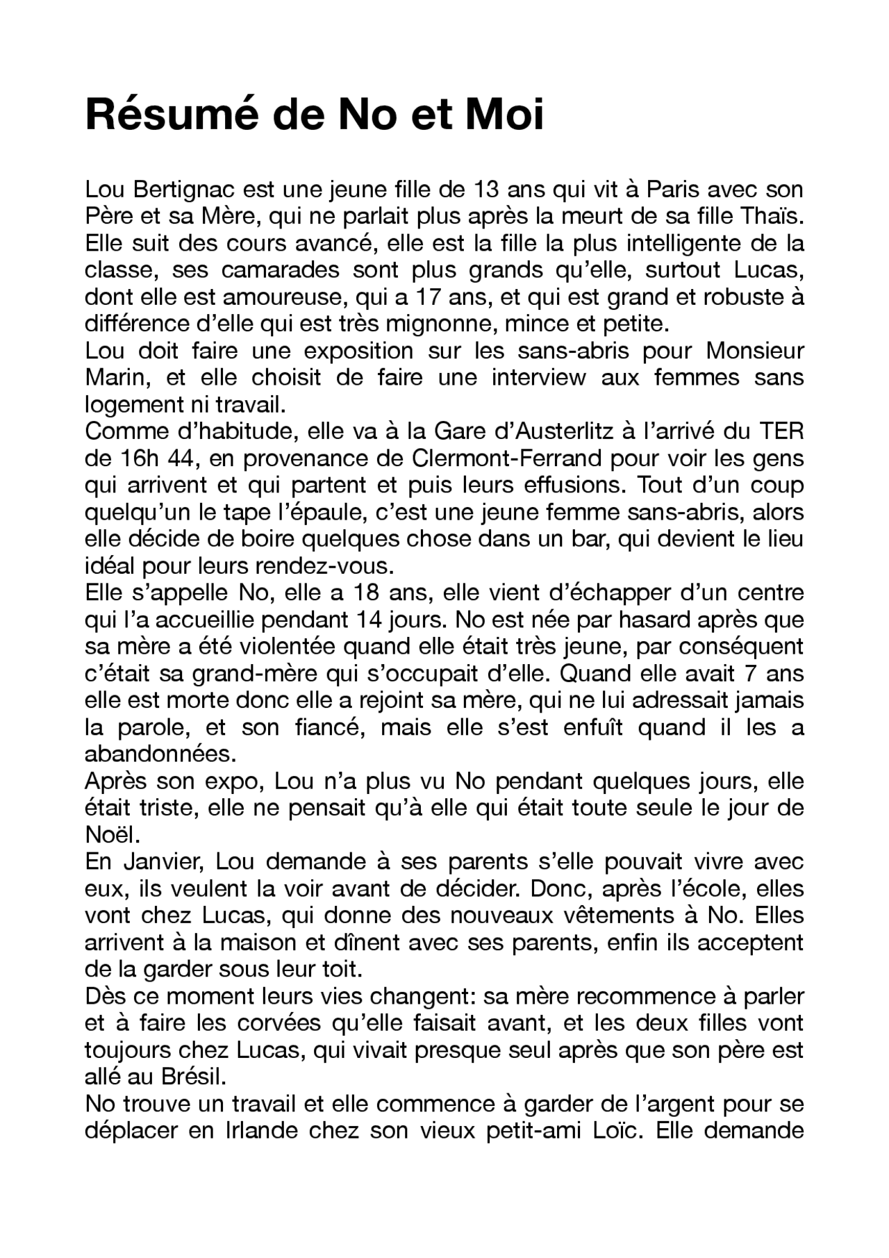 No Et Moi Résumé Chapitre 1 Résumé du livre No et Moi | Sintesi del corso di Francese | Docsity
