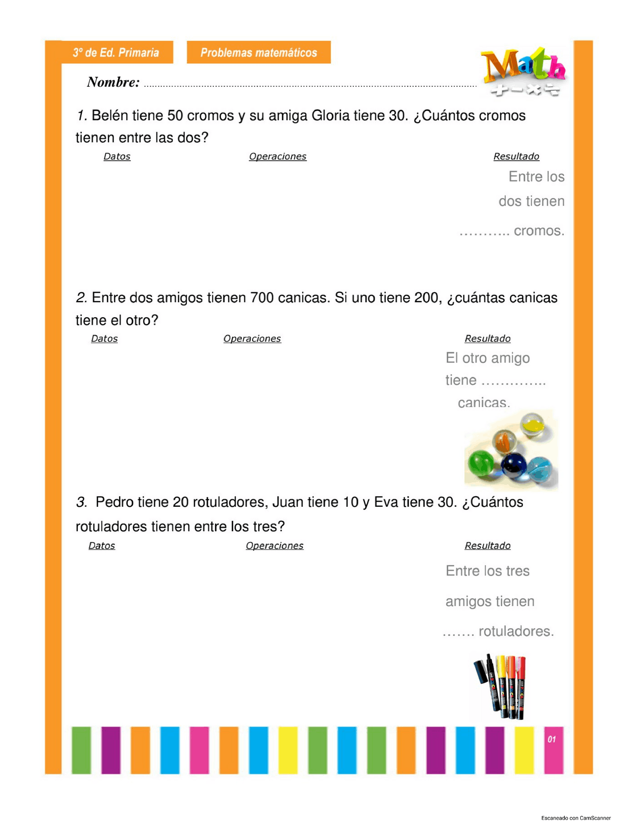 Problemas matemáticos 3 de primaria | Apuntes de Matemáticas - Docsity