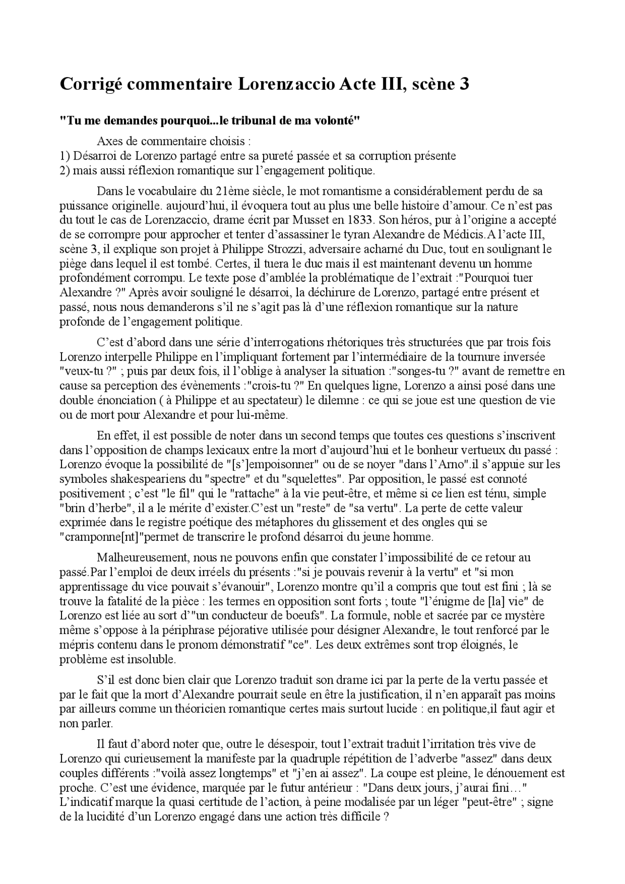 Commentaire Composé Lorenzaccio Acte 3 Scène 3