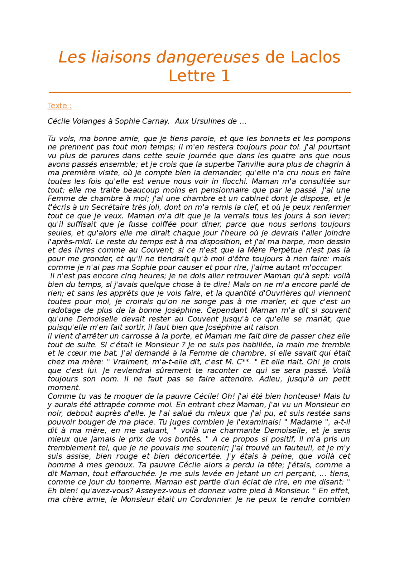 Les Liaisons Dangereuses Lettre 81 Analyse Linéaire Les liaisons dangereuses de Laclos - Lettre 1 | Lectures Littérature |  Docsity
