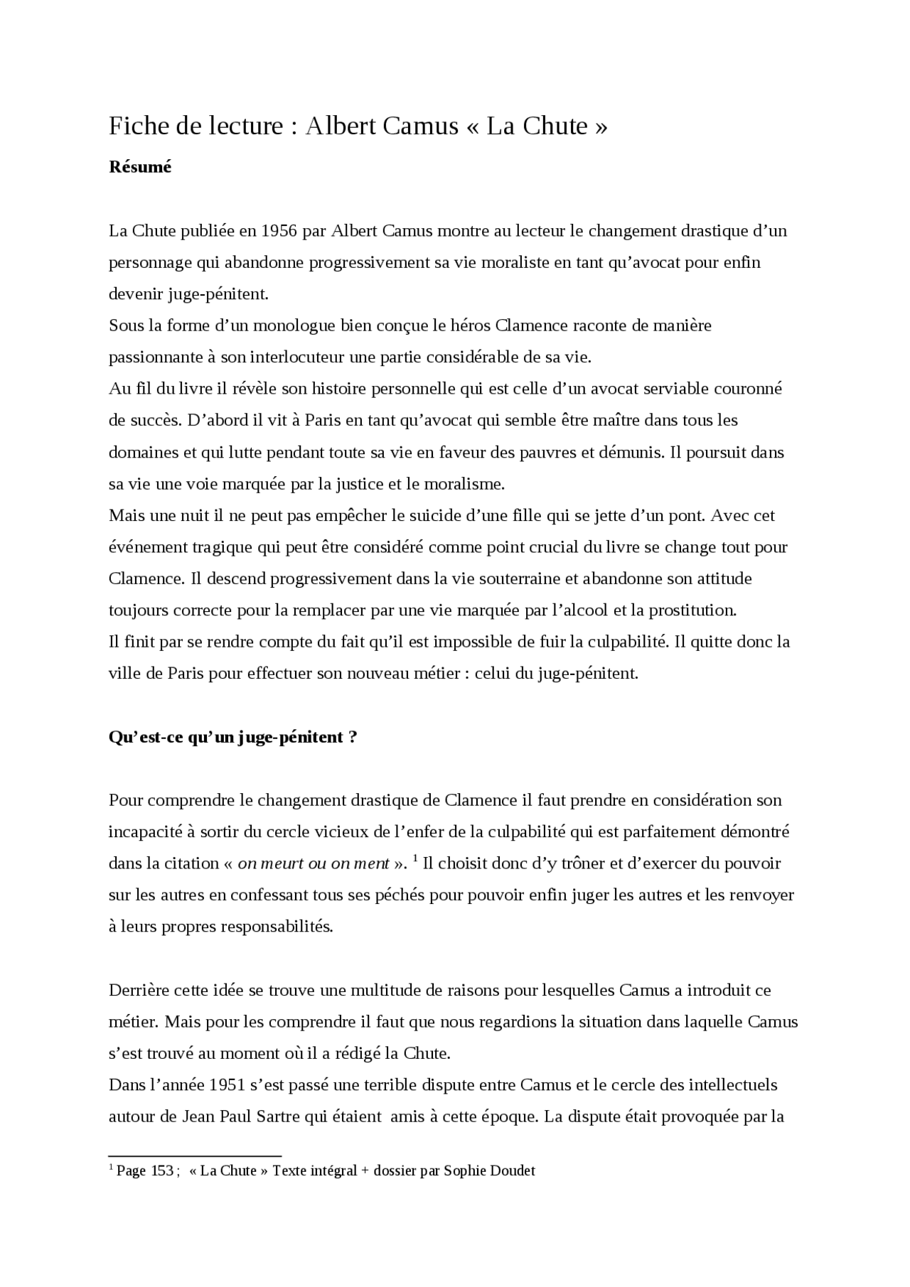 Fiche De Lecture Albert Camus La Chute Docsity