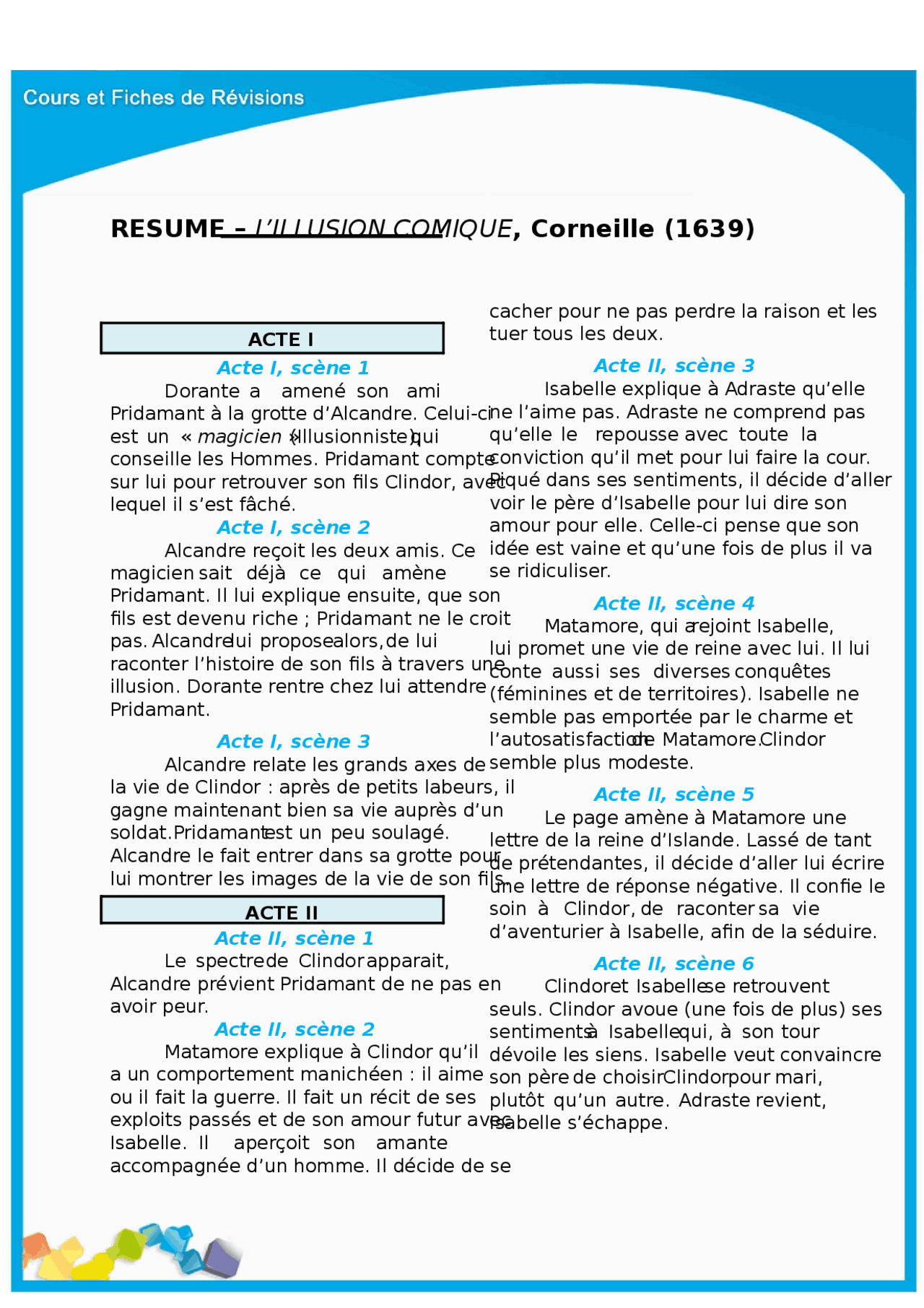 L illusion Comique Acte 5 Scène 6 Analyse Linéaire Corneille, L'illusion comique: synthèse par acte | Résumés Théâtre | Docsity