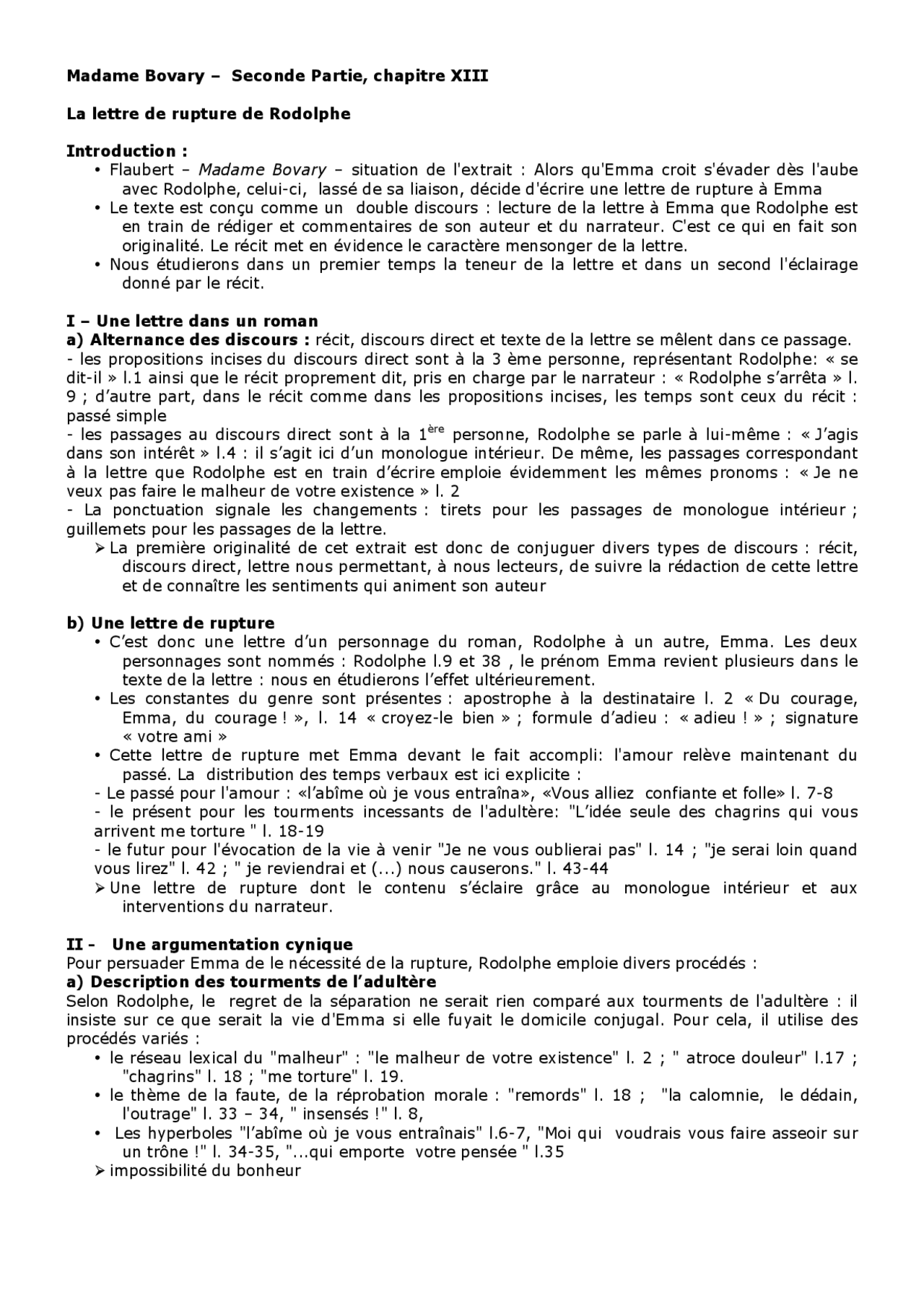 Analyse Linéaire Madame Bovary Partie 2 Chapitre 9 Madame Bovary – Seconde Partie, chapitre XIII | Lectures Littérature |  Docsity
