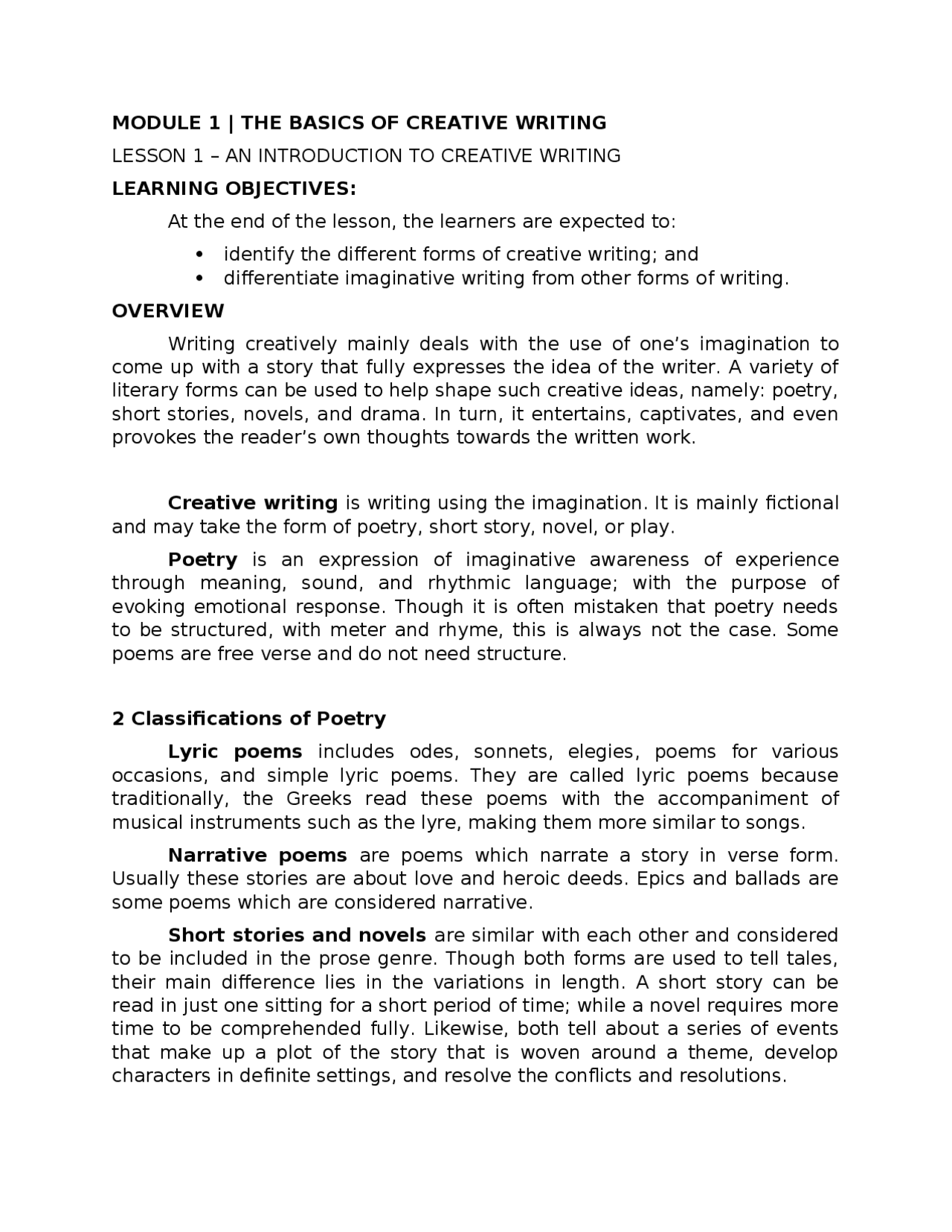 The Basics of Creative Writing - Docsity