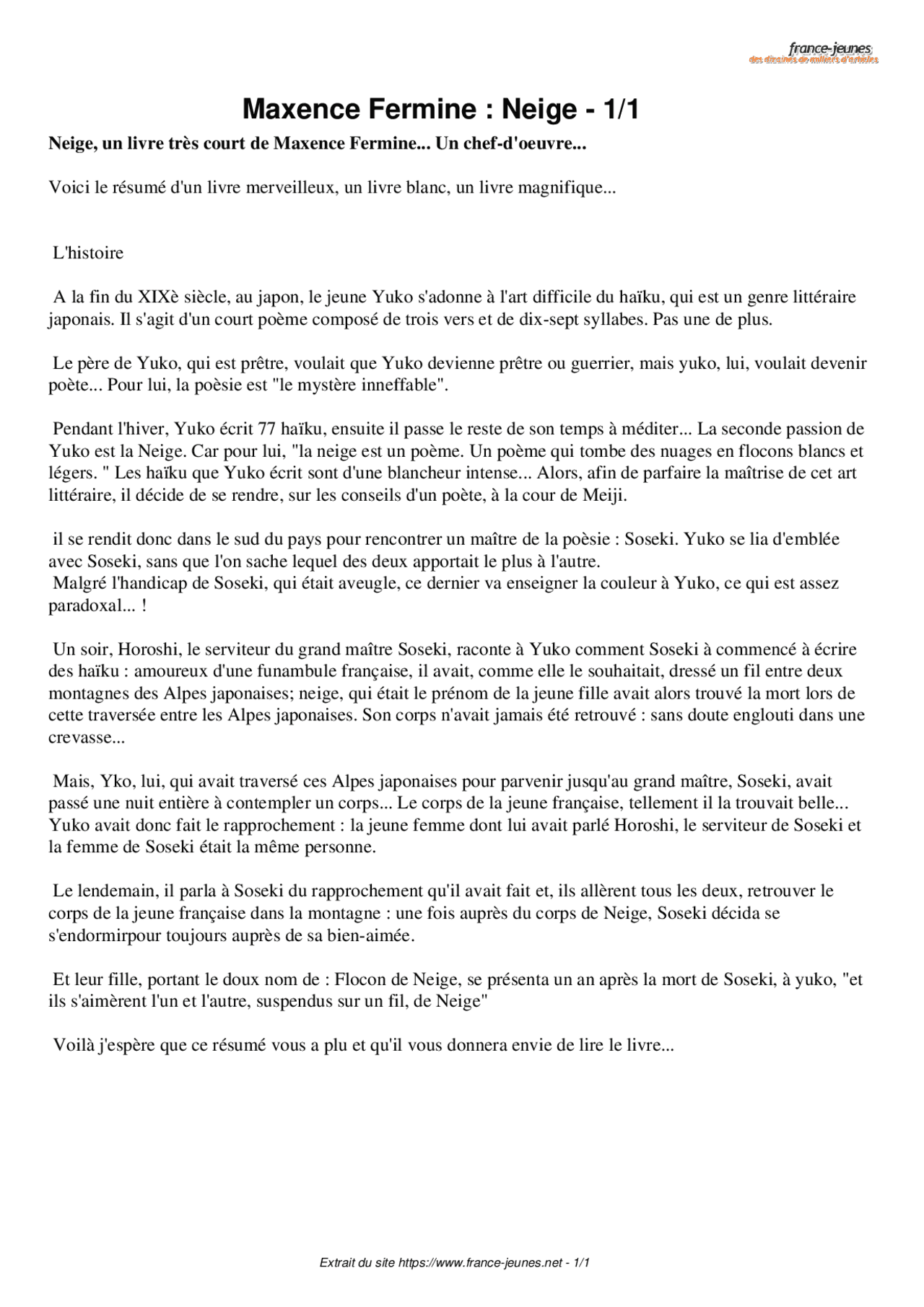 Maxence Fermine: Neige - synthèse de l'histoire - Docsity