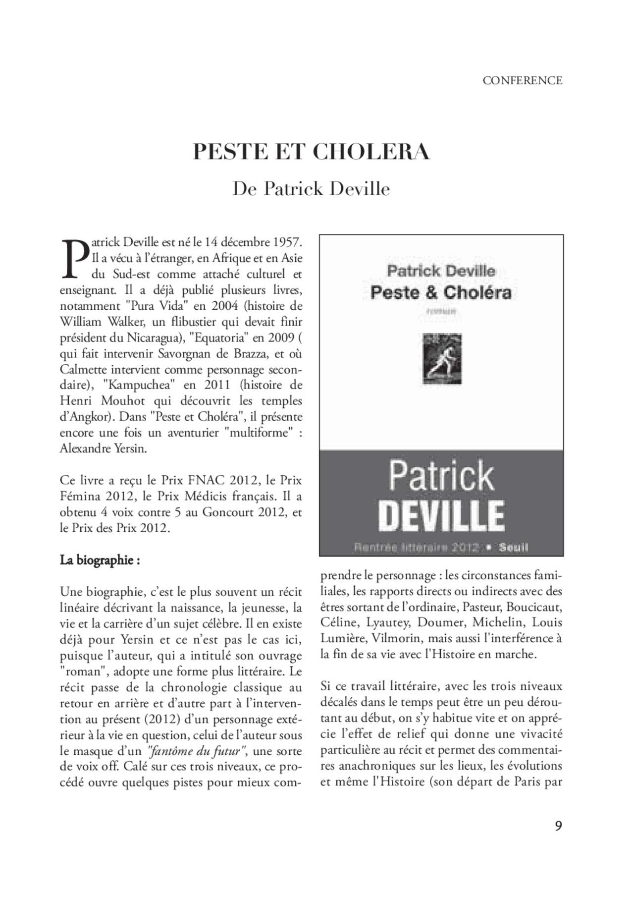 "Peste et Choléra" de Patrick Deville Docsity
