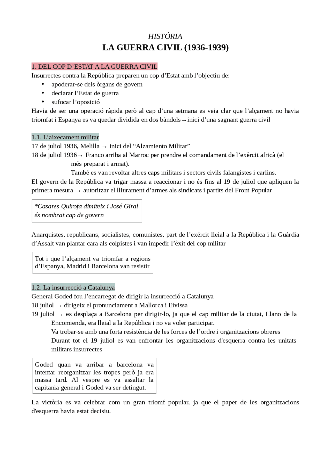 RESUM GUERRA CIVIL 2n BTX - Docsity