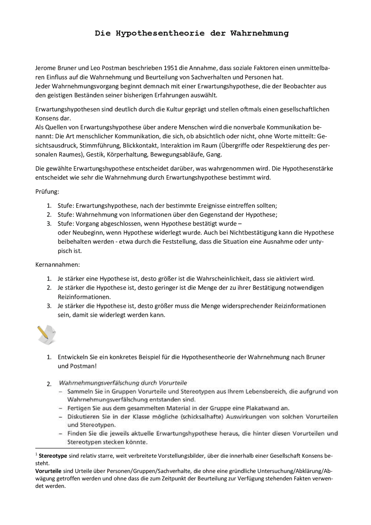 Die Hypothesentheorie der Wahrnehmung - Docsity