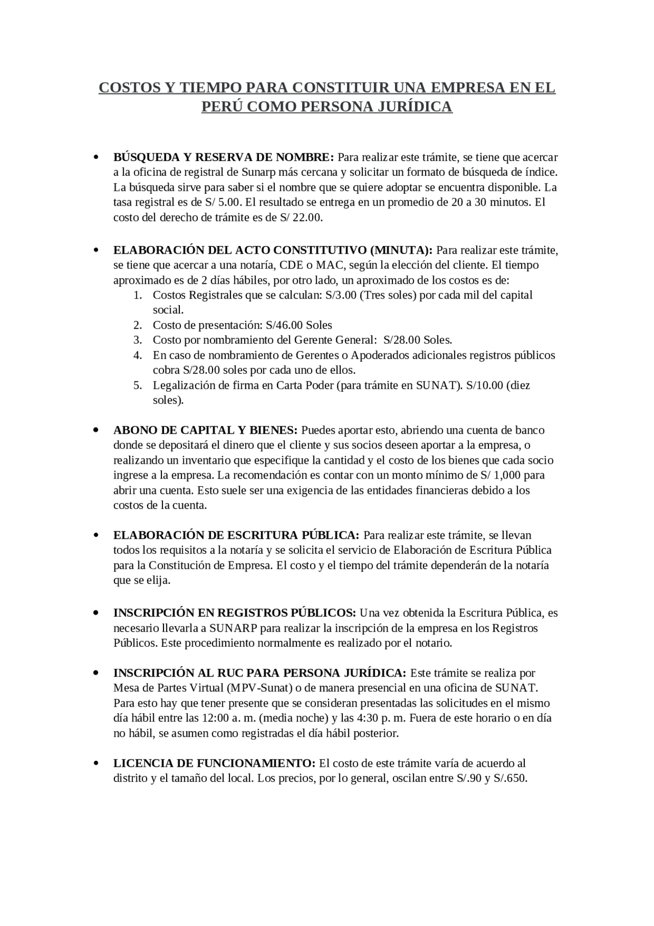 COSTOS Y TIEMPO PARA CONSTITUIR UNA EMPRESA - Docsity